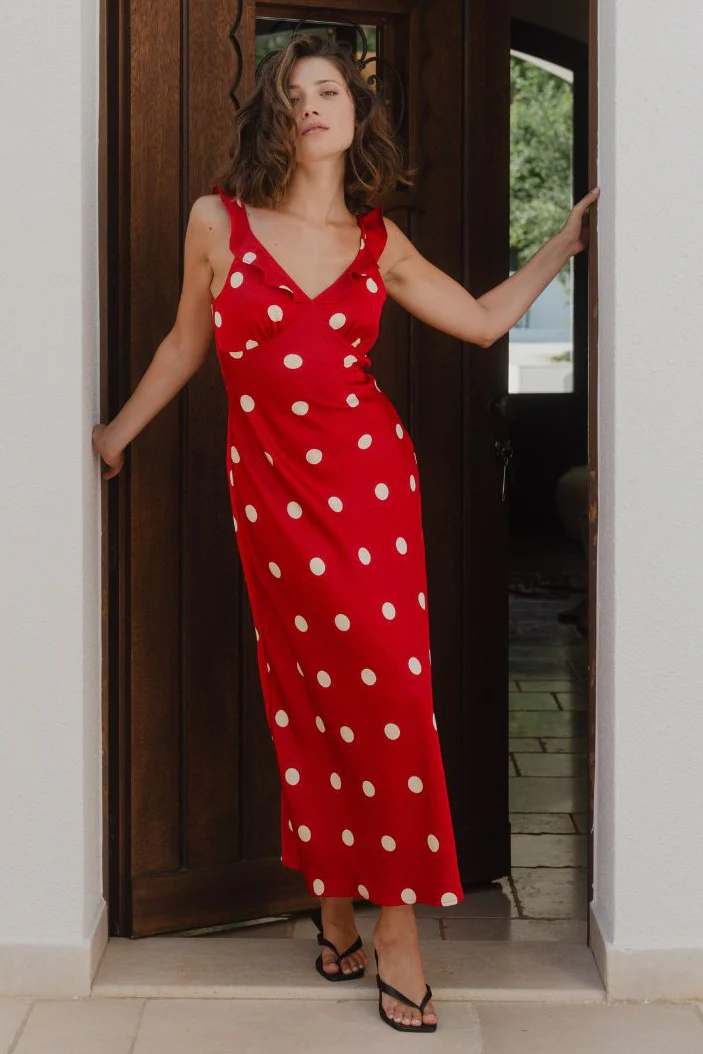 Delightful Cherry Polka Dot Satin Bias Slip Maxi Dress - Image 3