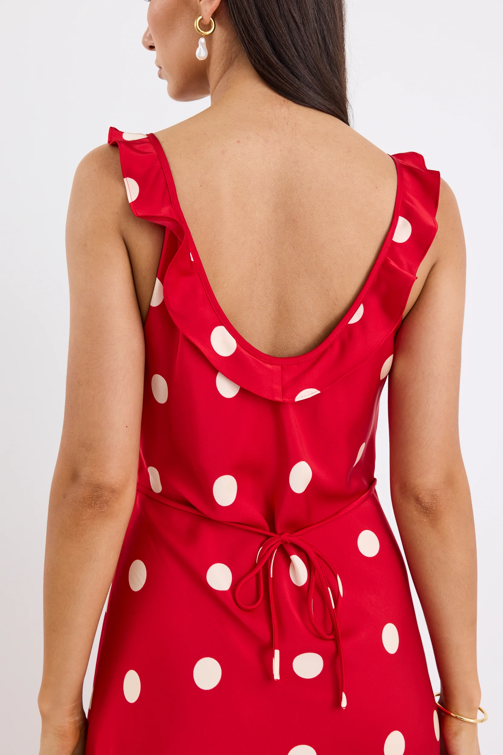 Delightful Cherry Polka Dot Satin Bias Slip Maxi Dress - Image 5