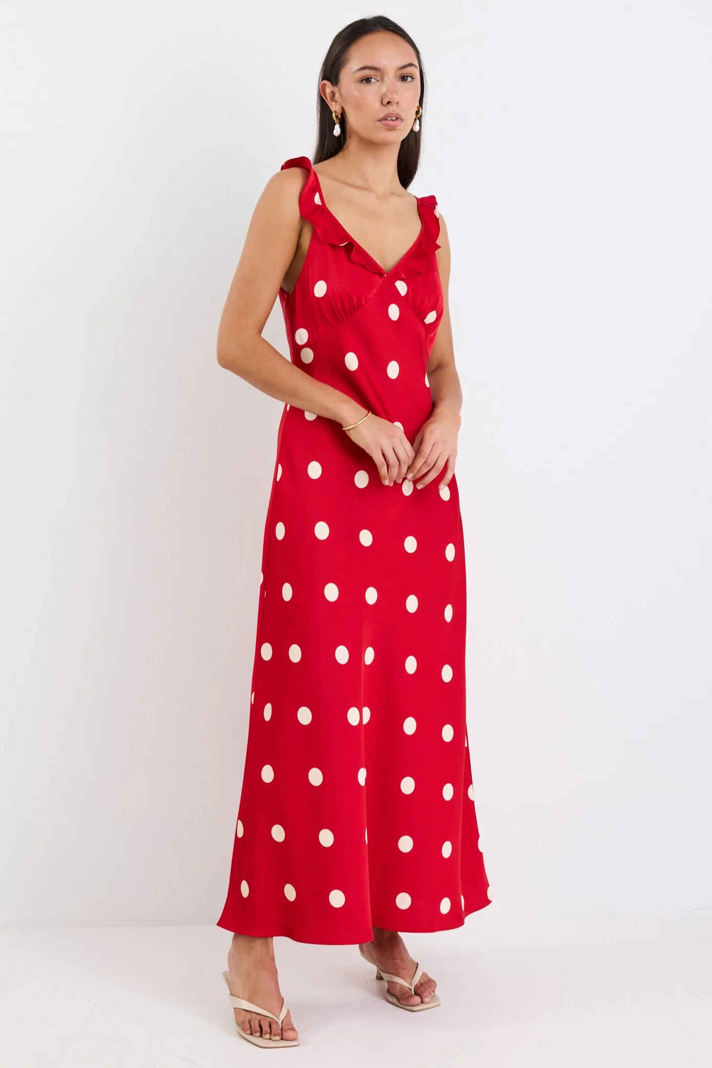 Delightful Cherry Polka Dot Satin Bias Slip Maxi Dress - Image 6