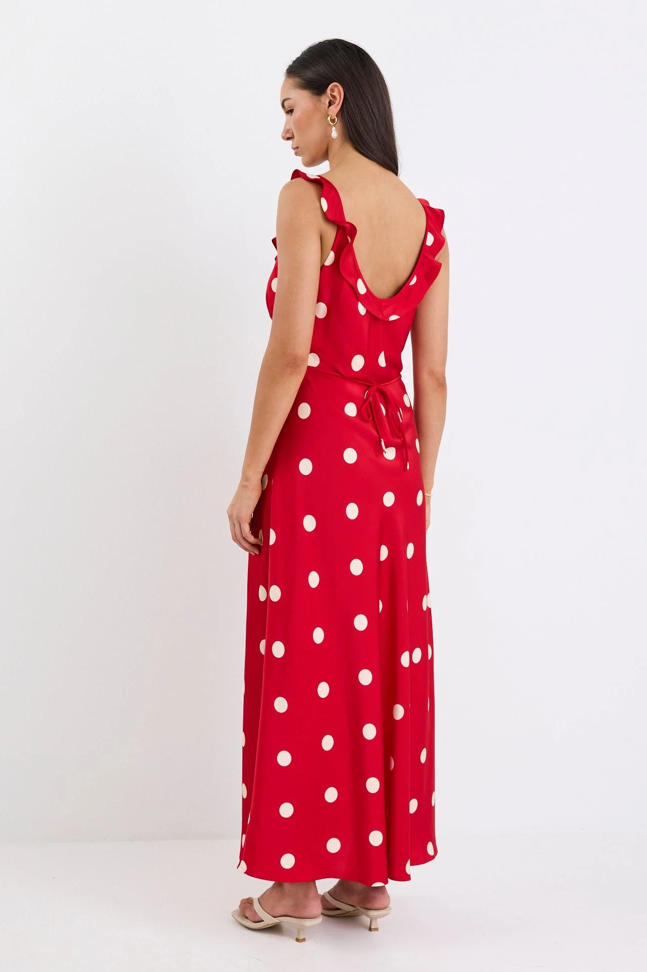 Delightful Cherry Polka Dot Satin Bias Slip Maxi Dress - Image 7