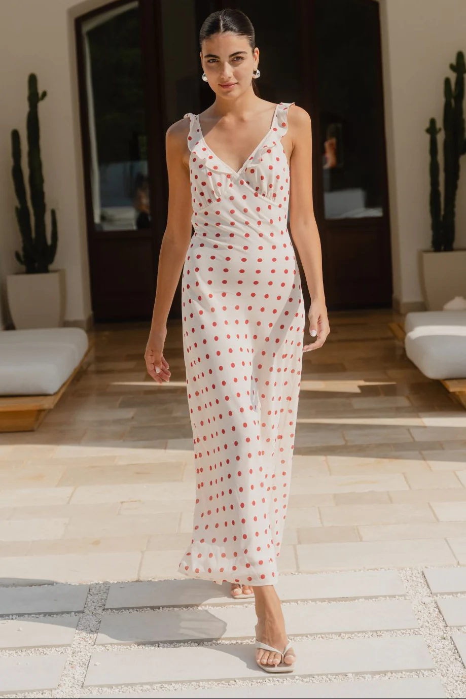 Delightful Cream Cherry Polka Dot Georgette Bias Slip Maxi Dress
