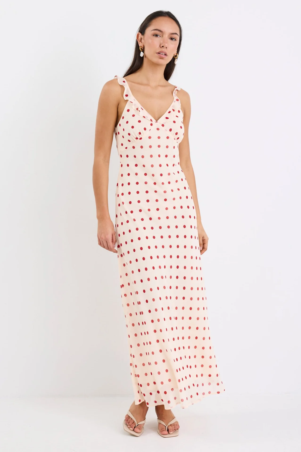 Delightful Cream Cherry Polka Dot Georgette Bias Slip Maxi Dress - Image 2