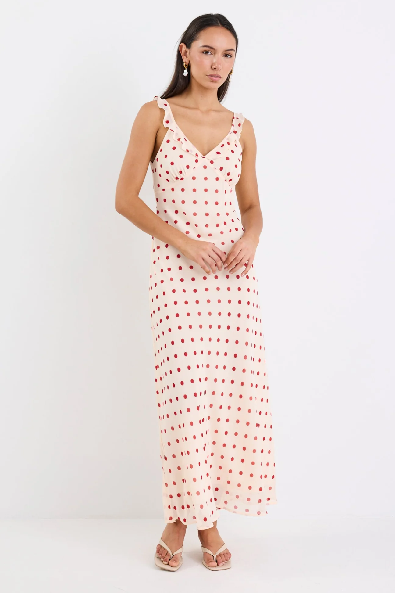 Delightful Cream Cherry Polka Dot Georgette Bias Slip Maxi Dress - Image 6