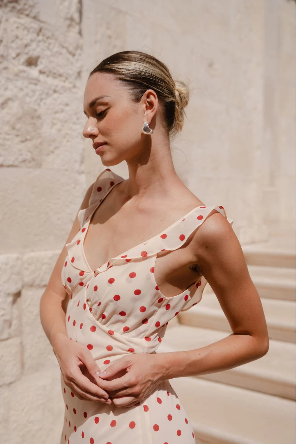 Delightful Cream Cherry Polka Dot Georgette Bias Slip Maxi Dress - Image 7