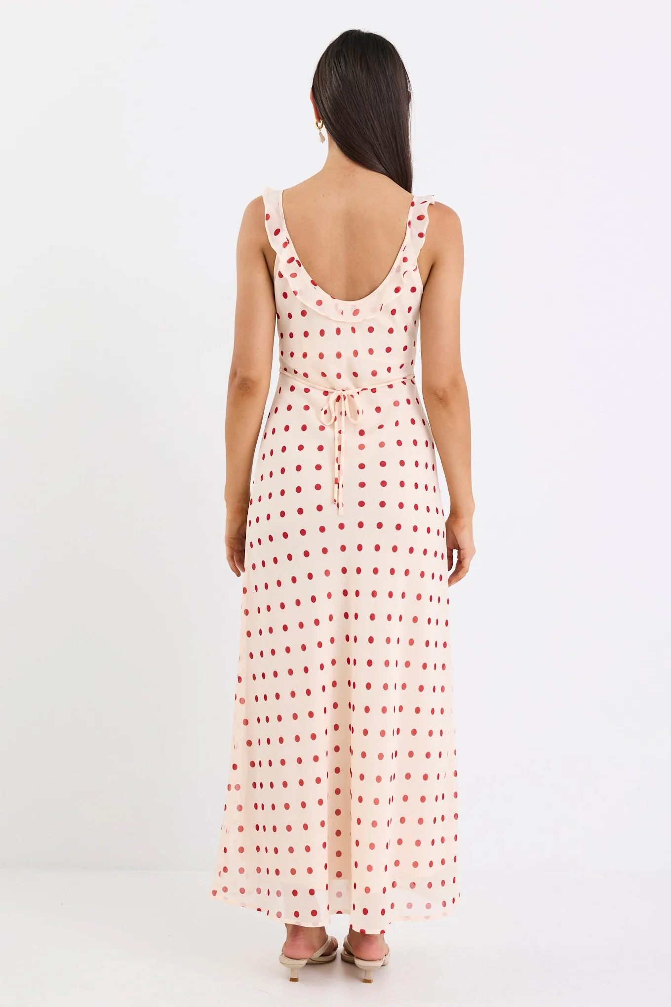 Delightful Cream Cherry Polka Dot Georgette Bias Slip Maxi Dress - Image 8