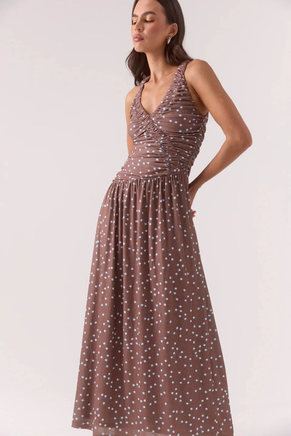 Delilah Mocha Polka Dot Sleeveless Maxi Dress - Image 2