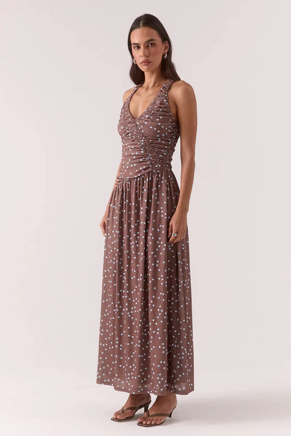 Delilah Mocha Polka Dot Sleeveless Maxi Dress - Image 3