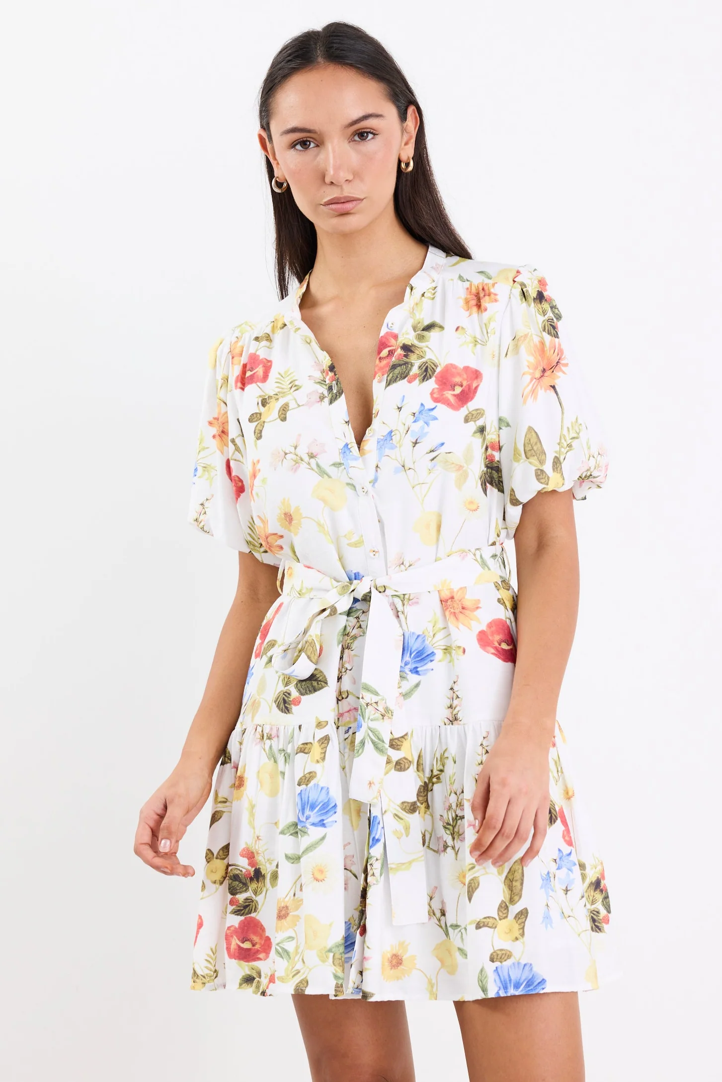 Delphi Cream Garden Print Drop Waist Belted Mini Dress