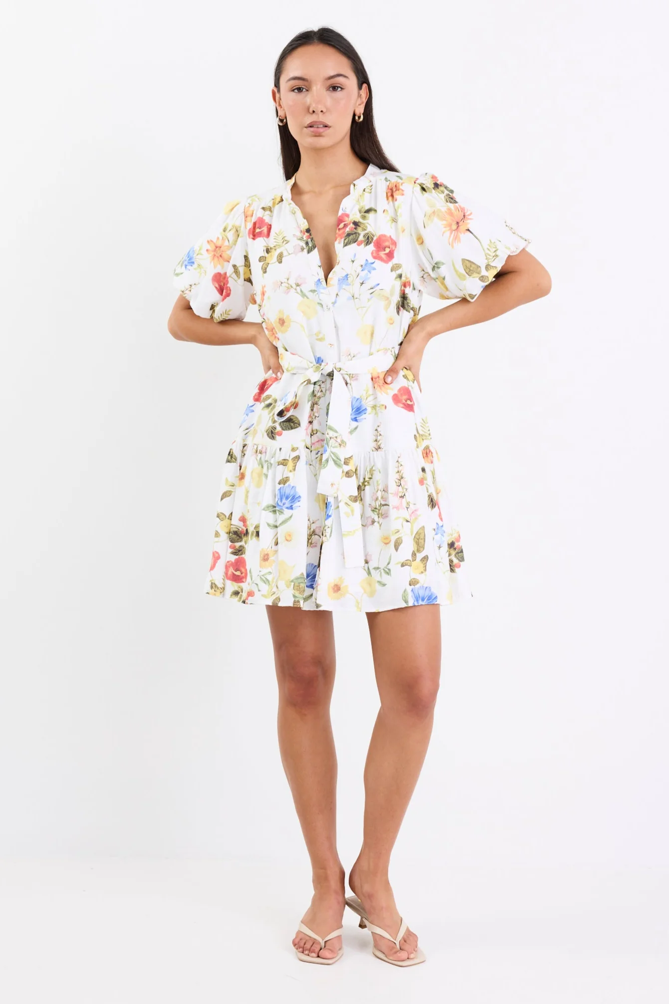 Delphi Cream Garden Print Drop Waist Belted Mini Dress - Image 2