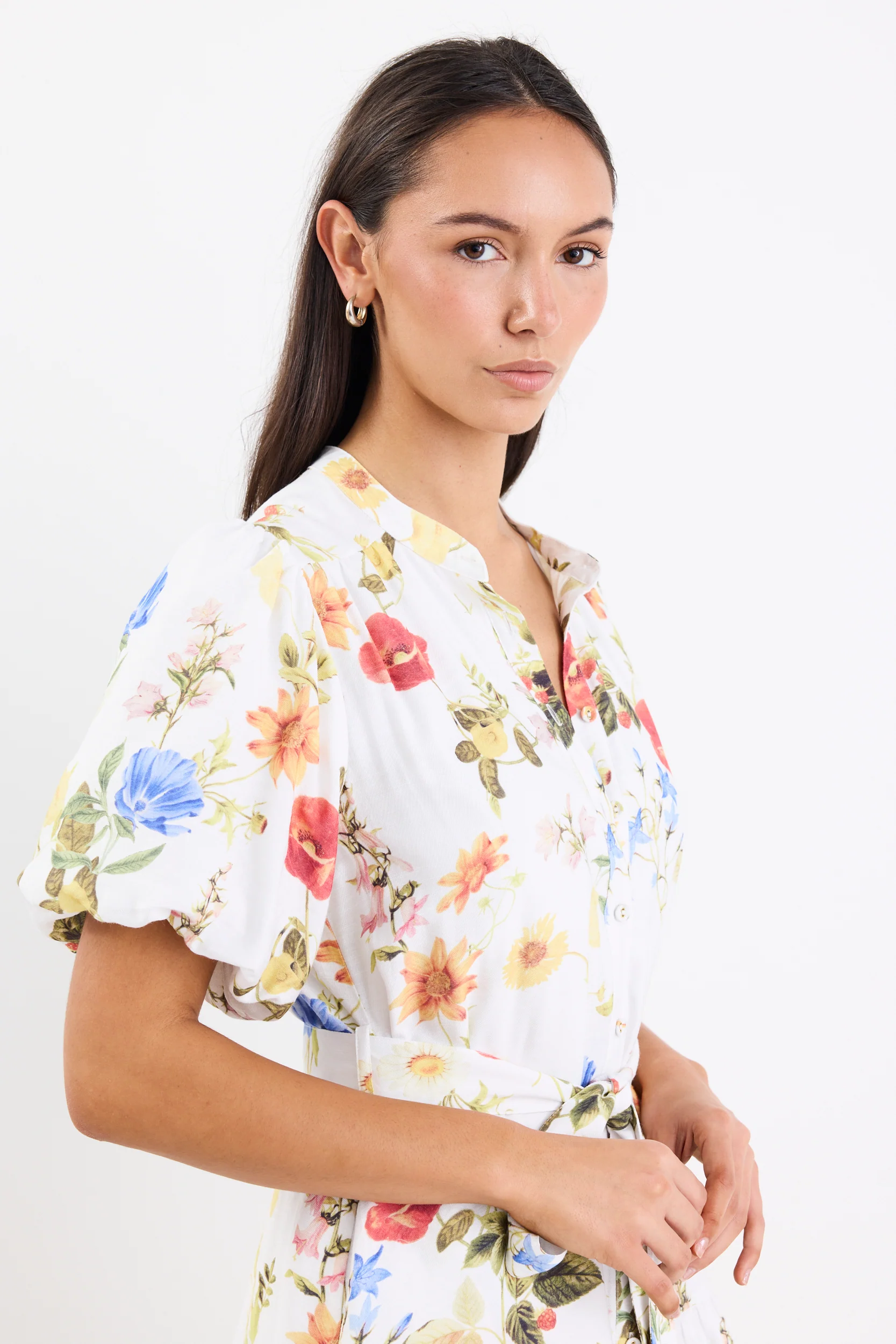 Delphi Cream Garden Print Drop Waist Belted Mini Dress - Image 3