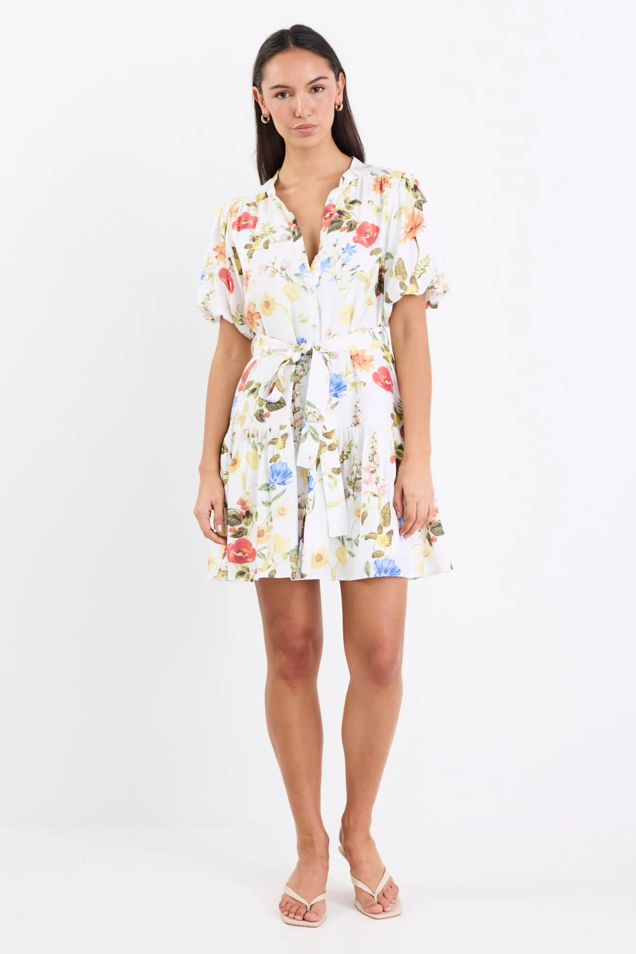 Delphi Cream Garden Print Drop Waist Belted Mini Dress - Image 4