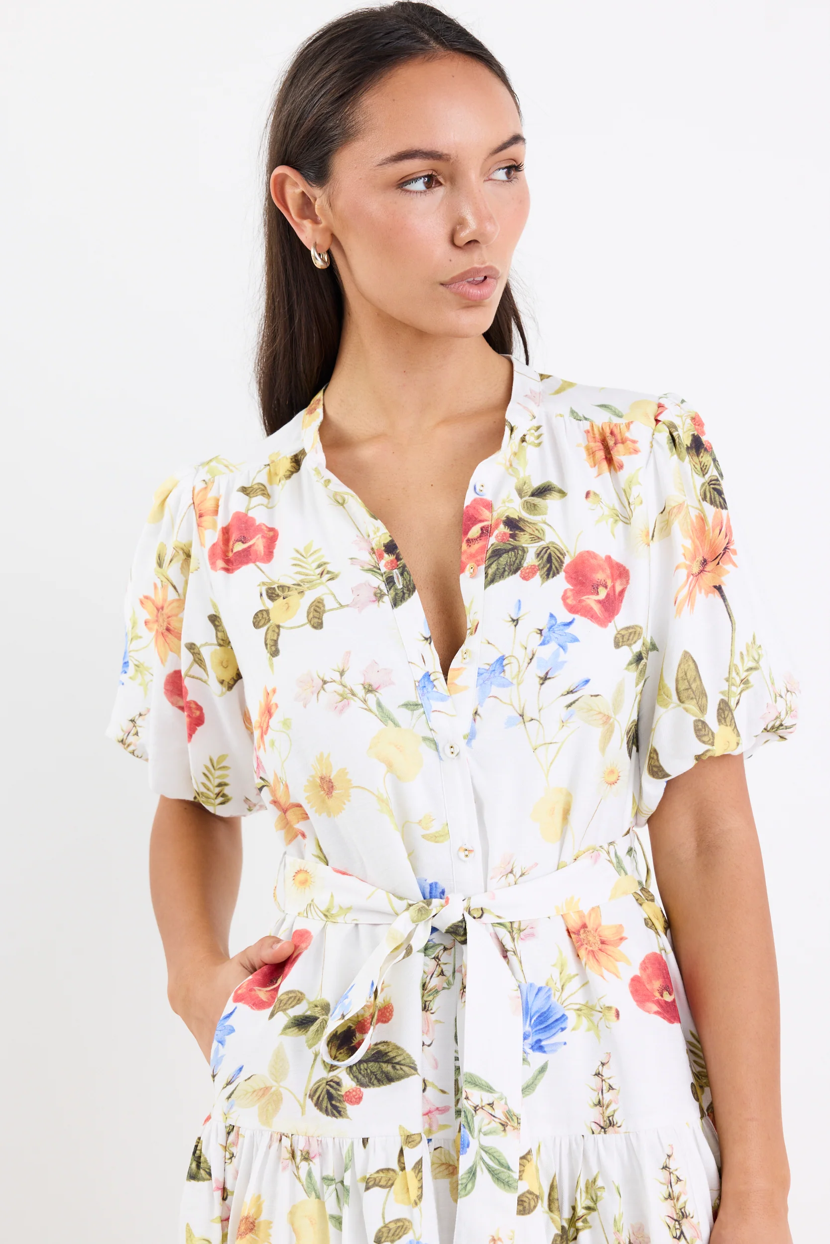 Delphi Cream Garden Print Drop Waist Belted Mini Dress - Image 5