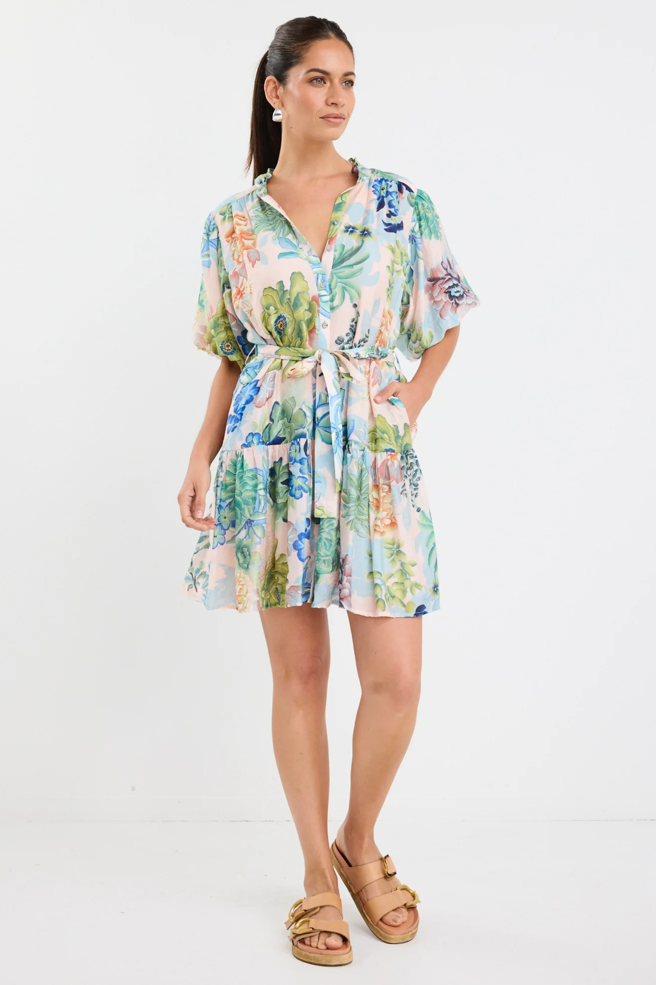 Delphi Blue Posy Print Drop Waist Belted Mini Dress - Image 2