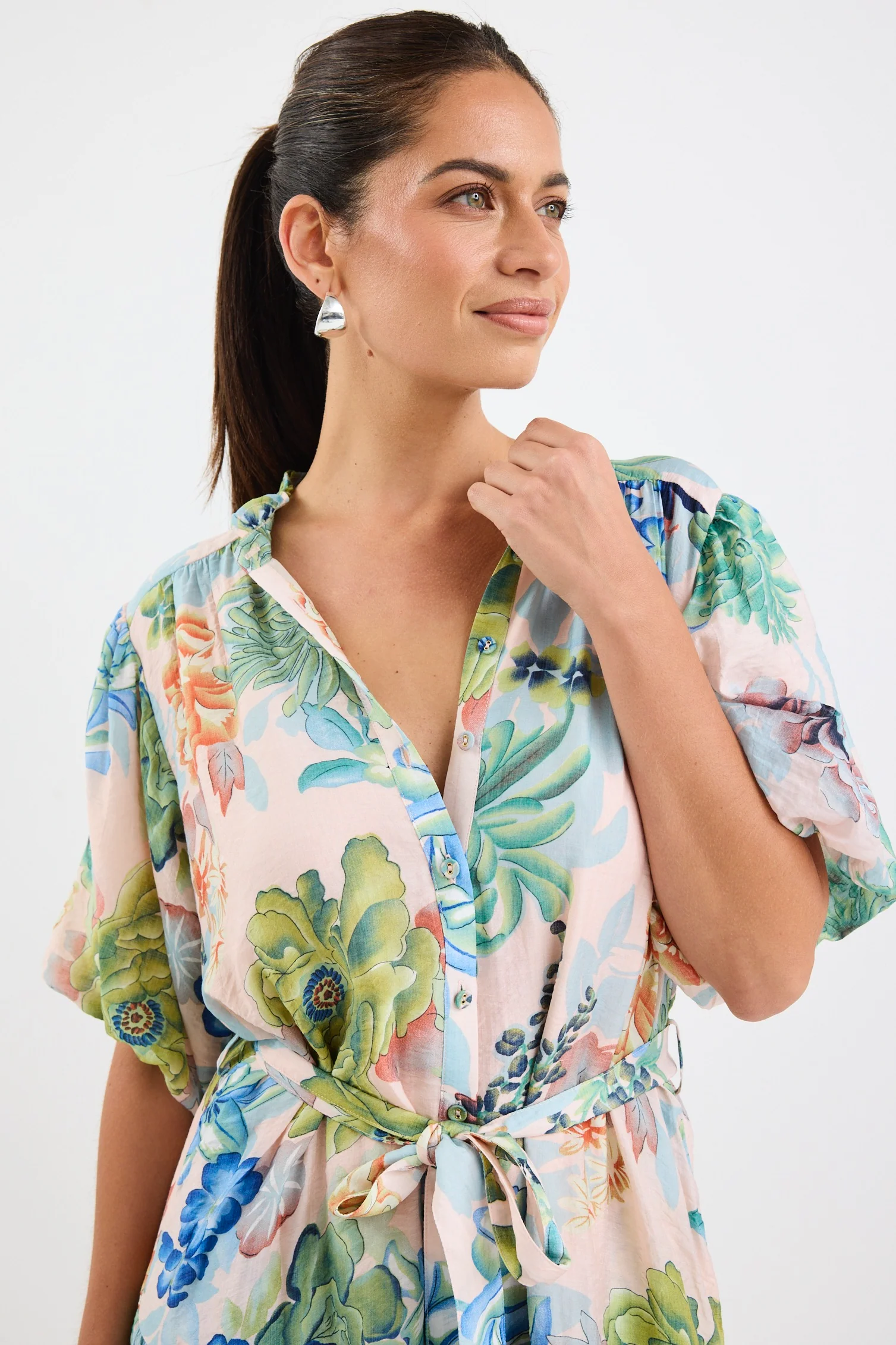 Delphi Blue Posy Print Drop Waist Belted Mini Dress - Image 3