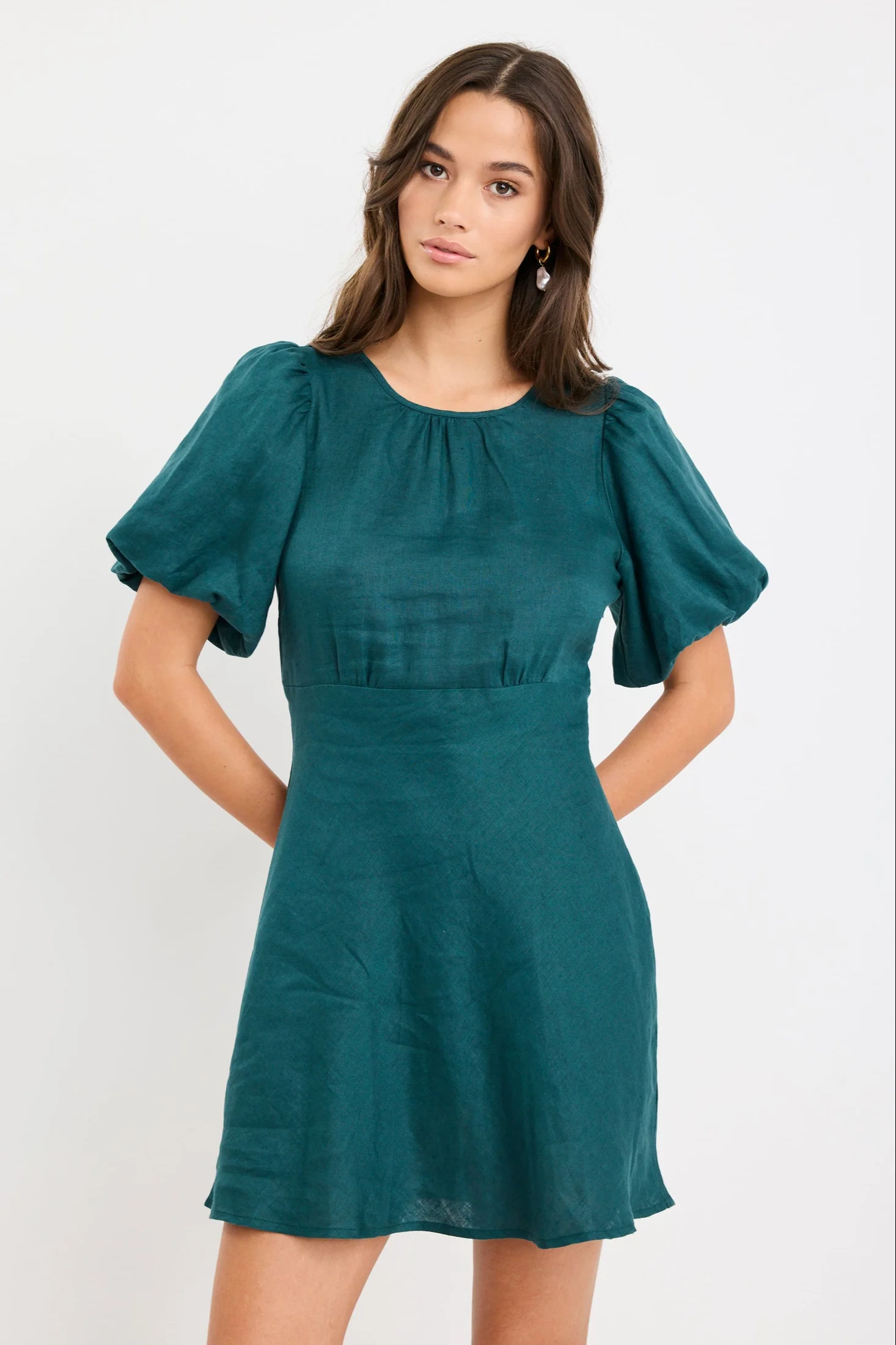 Delphine Forest Linen Puff Sleeve Mini Dress