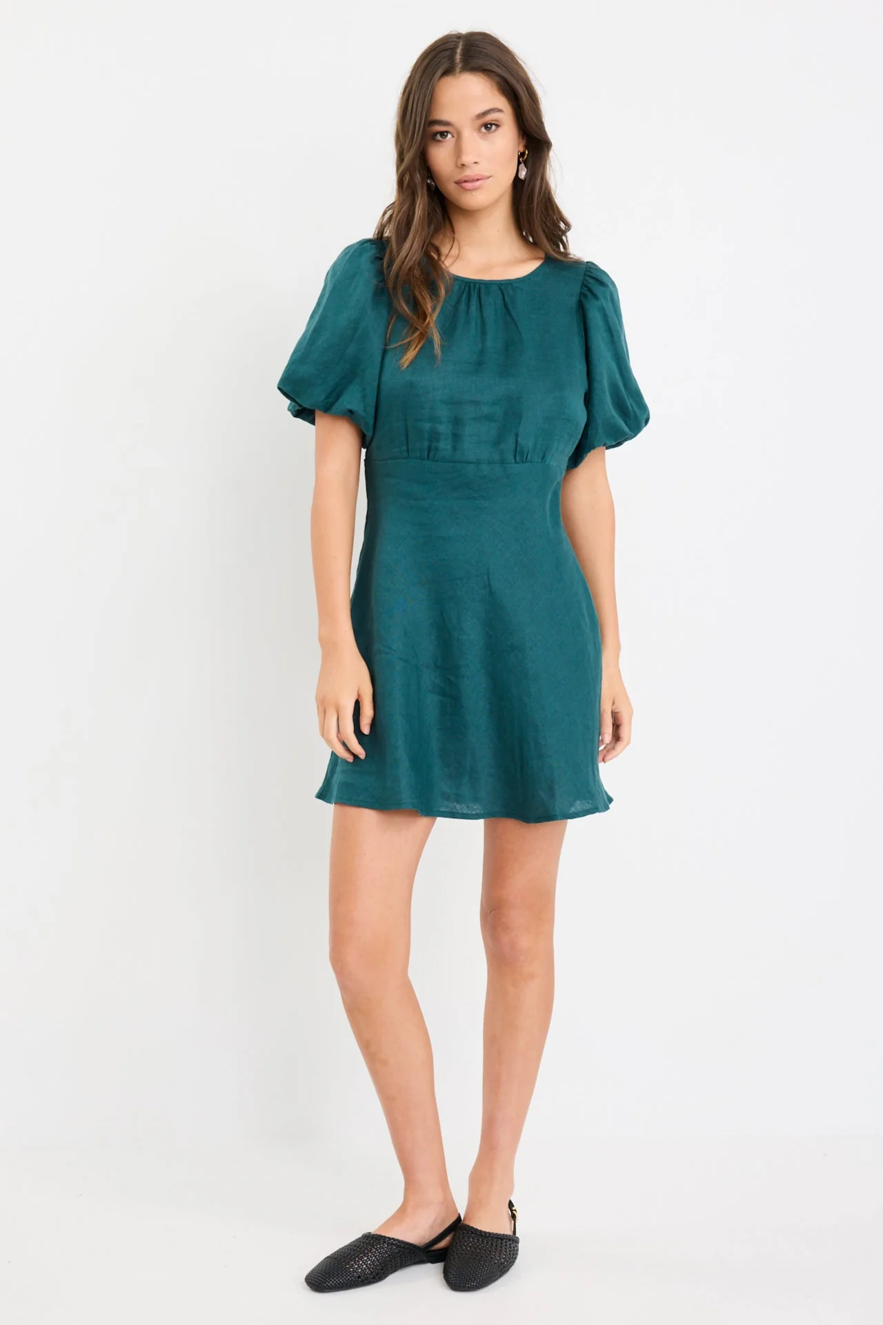 Delphine Forest Linen Puff Sleeve Mini Dress - Image 2