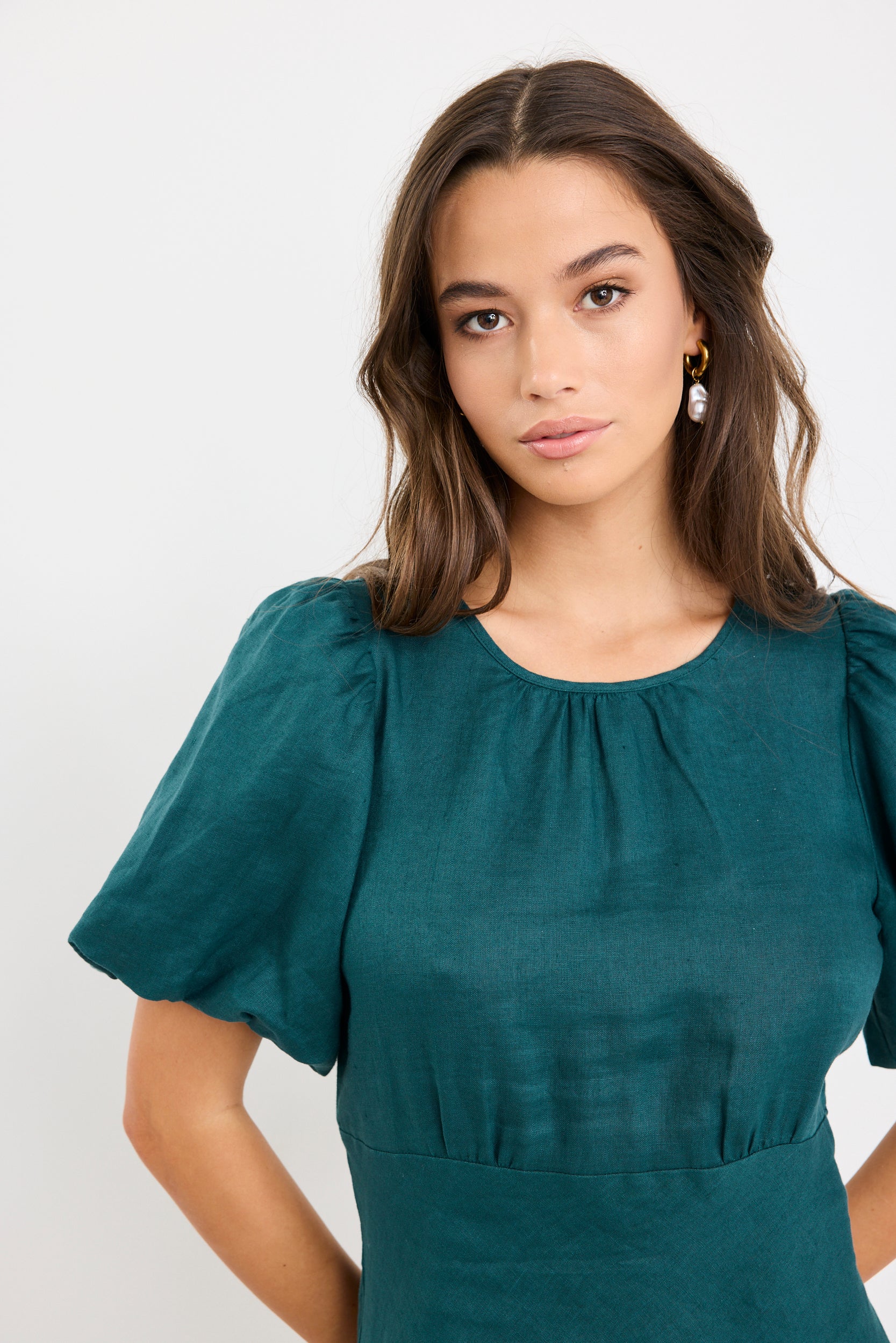 Delphine Forest Linen Puff Sleeve Mini Dress - Image 3
