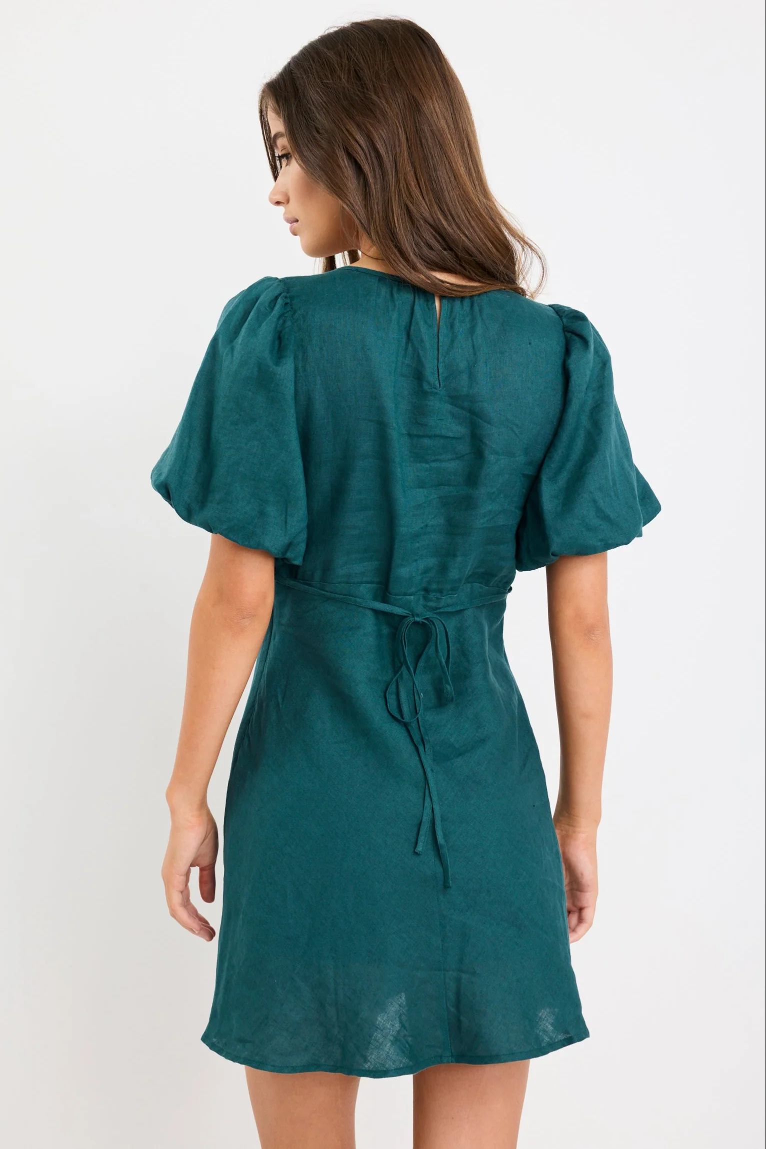 Delphine Forest Linen Puff Sleeve Mini Dress - Image 4