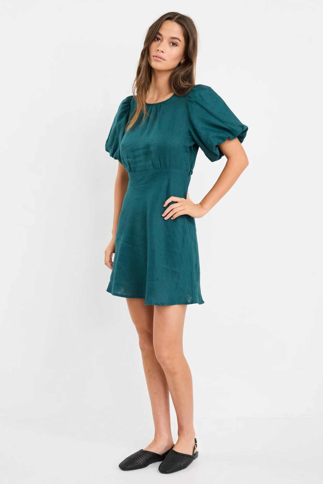 Delphine Forest Linen Puff Sleeve Mini Dress - Image 5