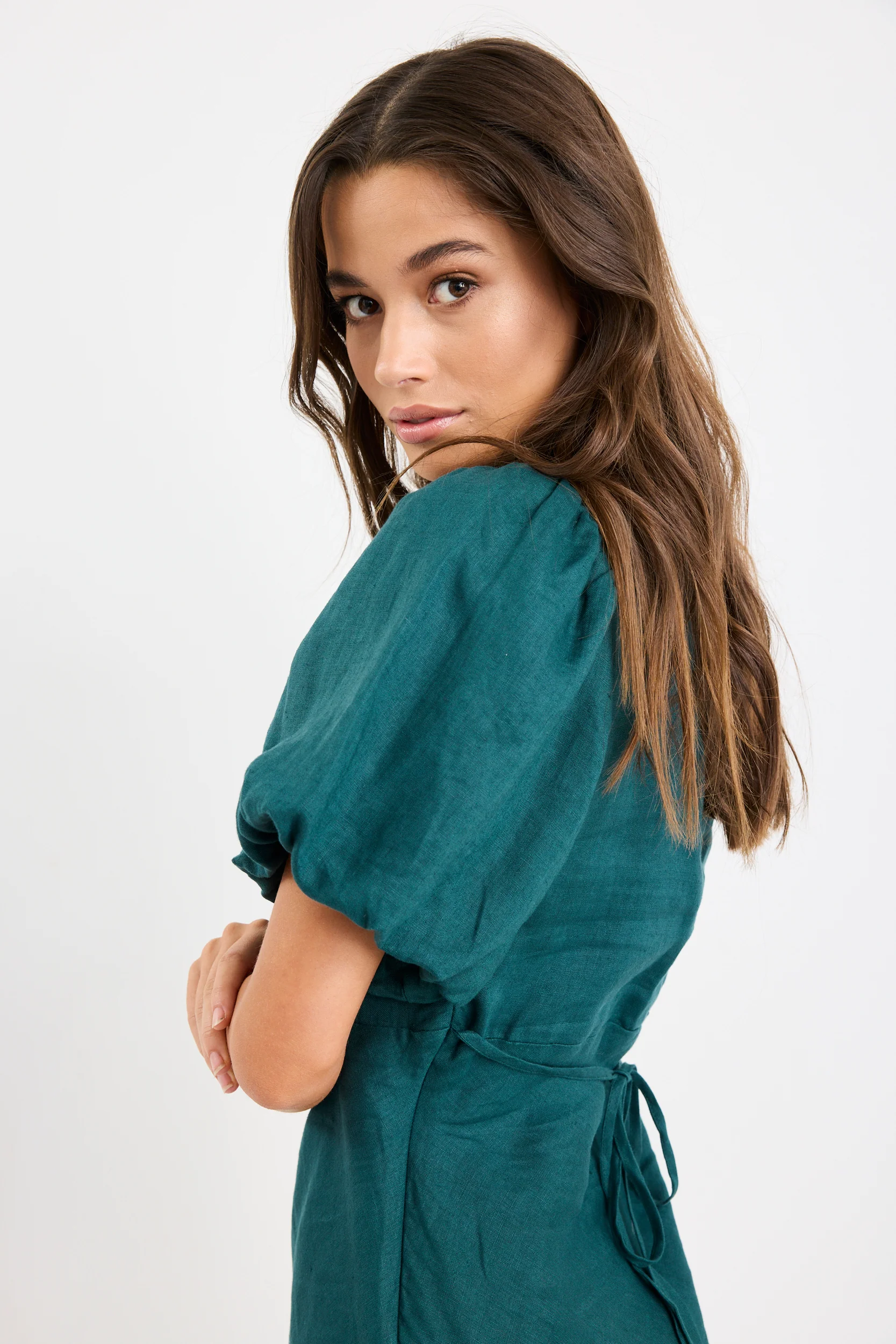 Delphine Forest Linen Puff Sleeve Mini Dress - Image 6