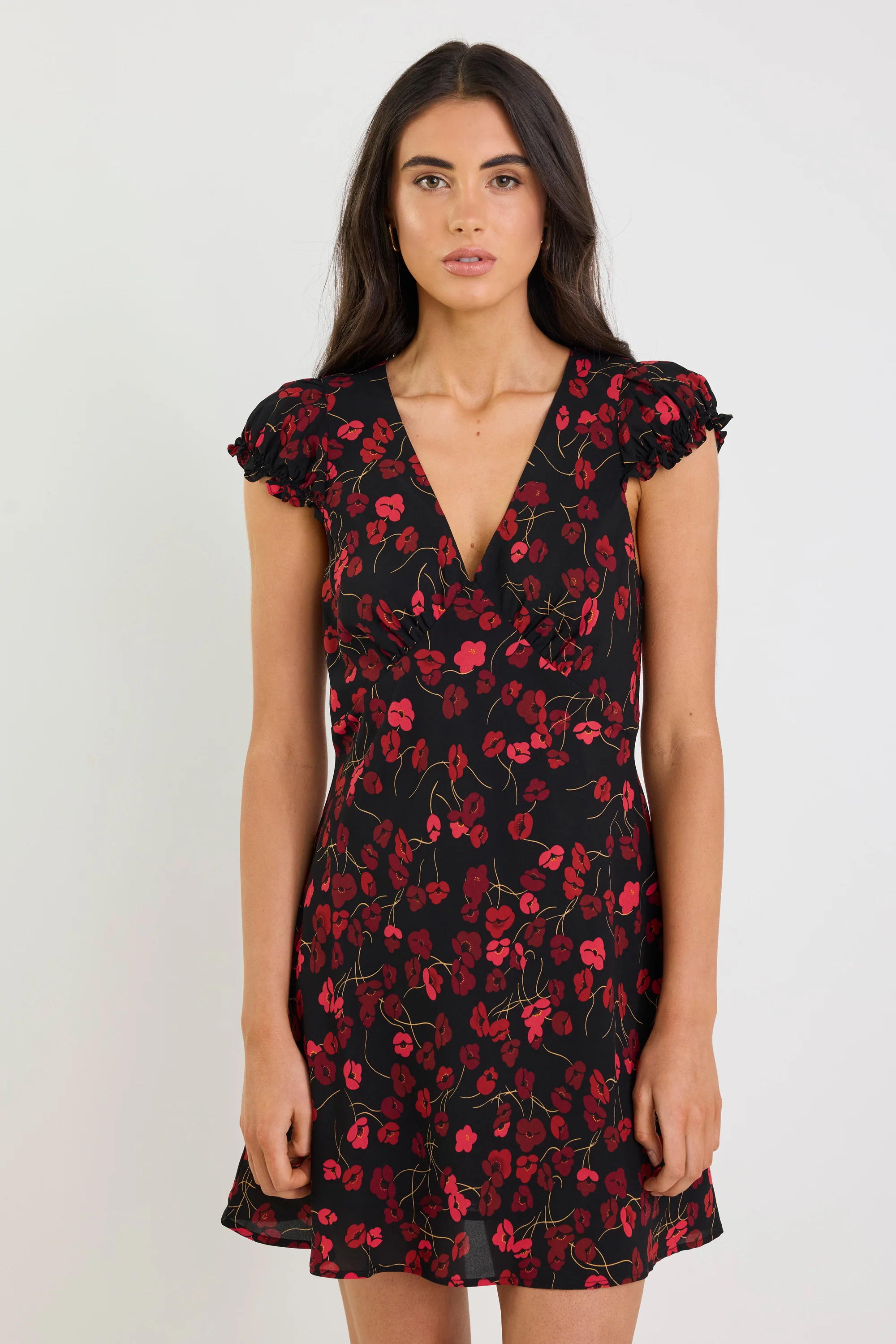 Derry Black Poppy Print Lightweight Cap Sleeve V Neck Mini Dress