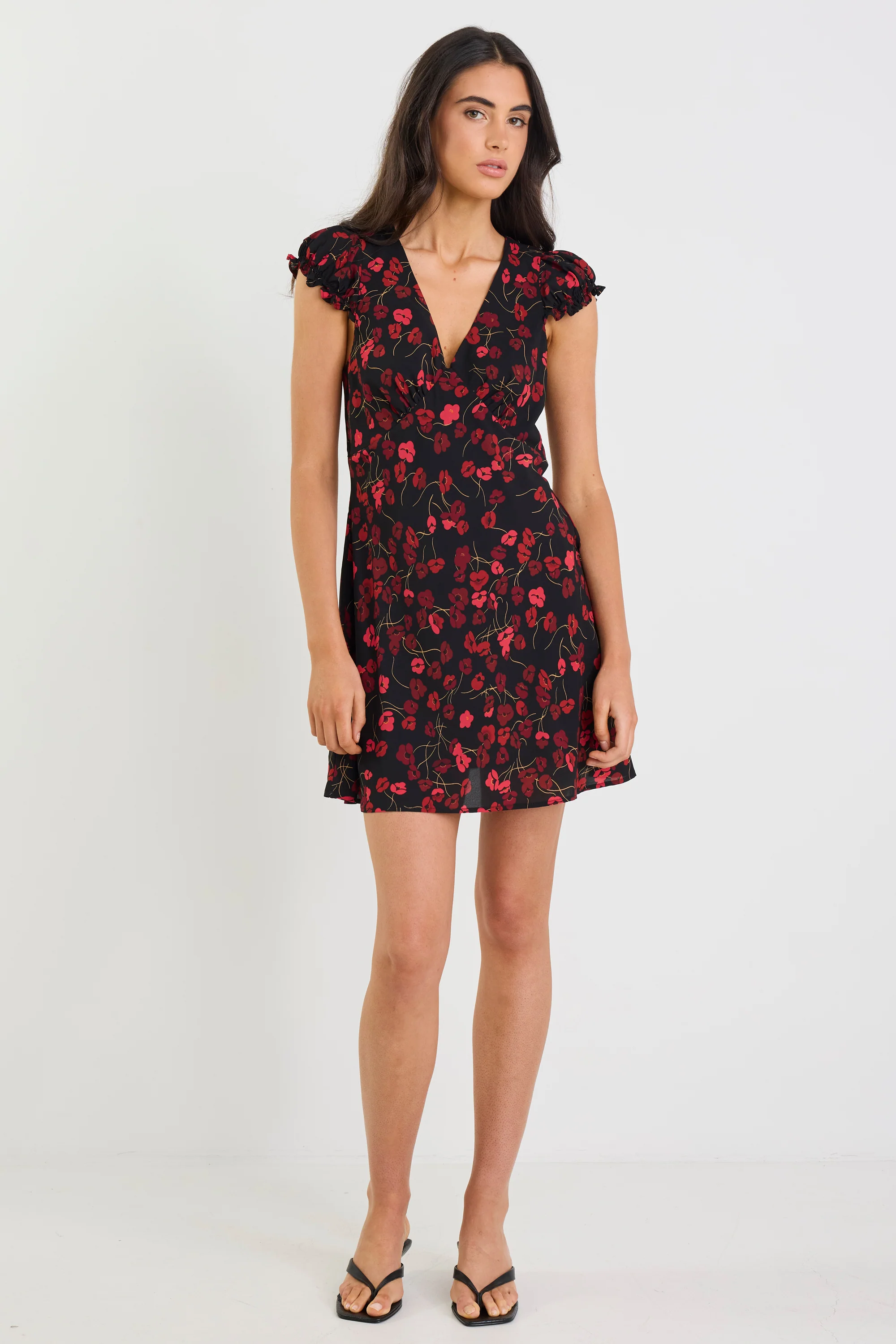 Derry Black Poppy Print Lightweight Cap Sleeve V Neck Mini Dress - Image 2