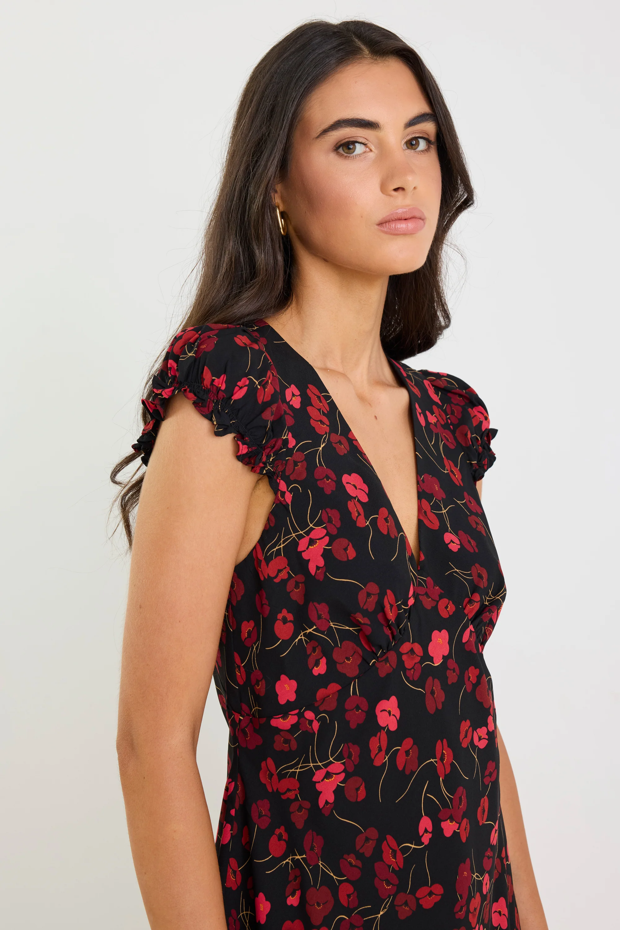 Derry Black Poppy Print Lightweight Cap Sleeve V Neck Mini Dress - Image 3