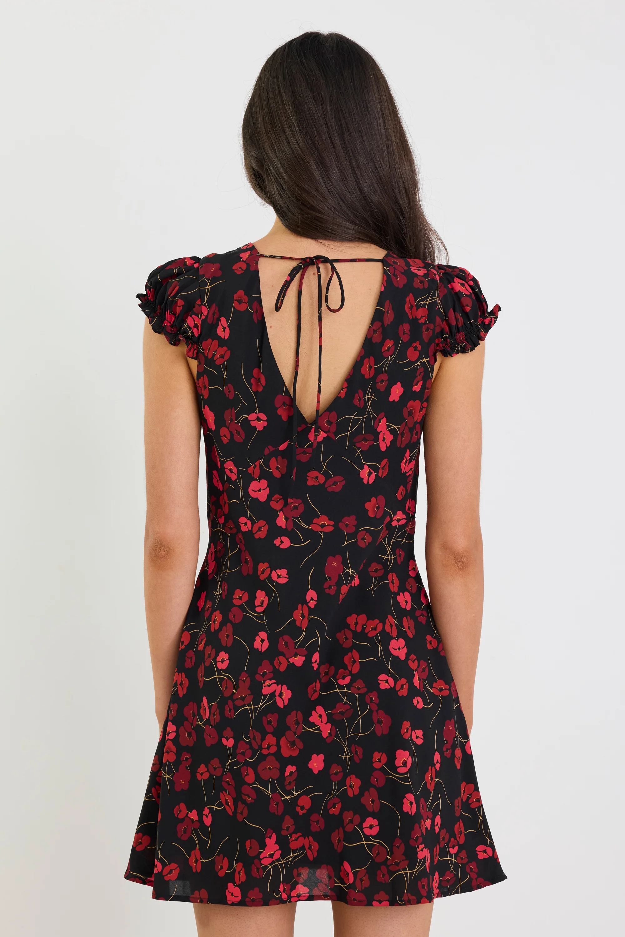 Derry Black Poppy Print Lightweight Cap Sleeve V Neck Mini Dress - Image 4