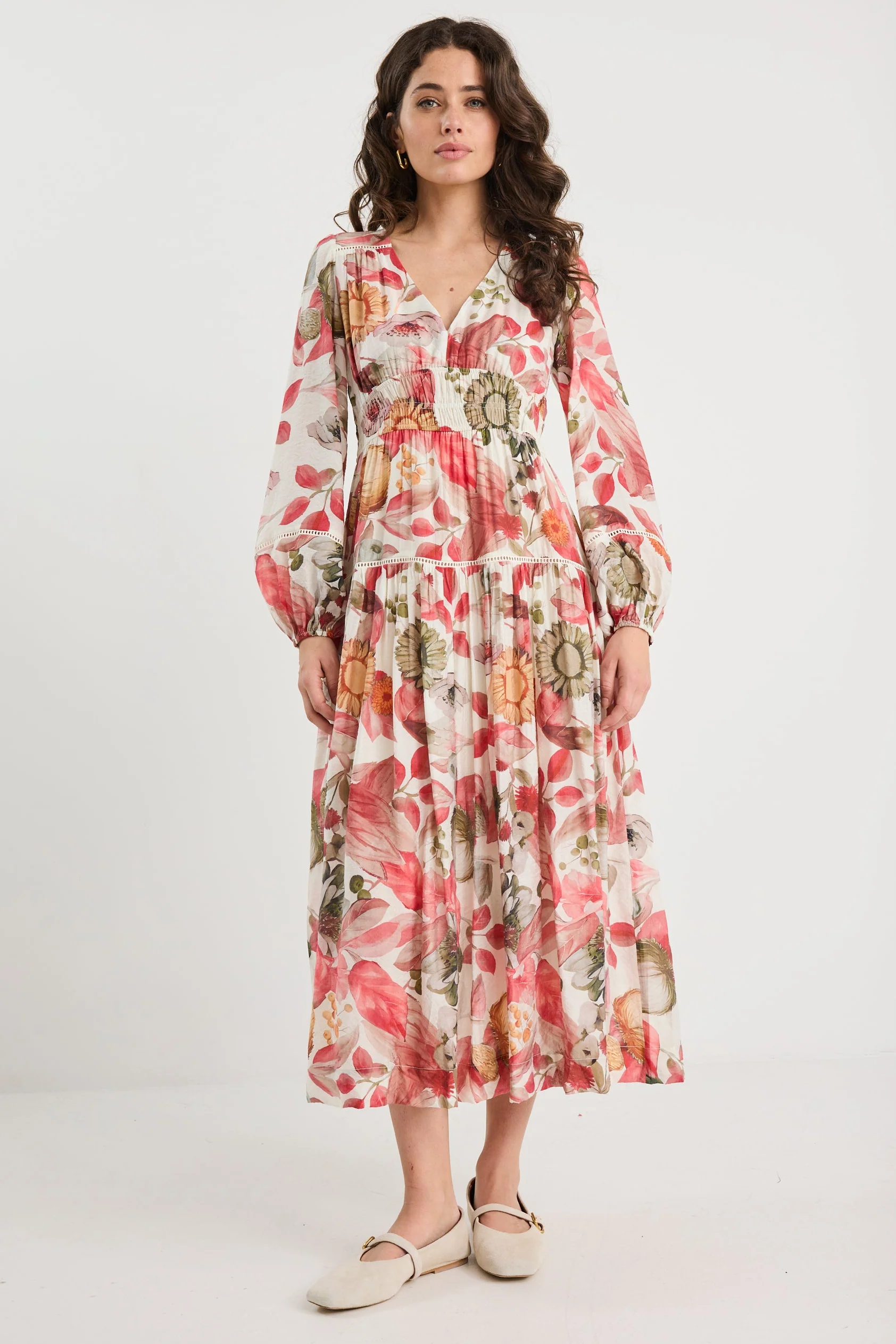 Divine Blush Woodland Floral Balloon Sleeve Floaty Maxi Dress - Image 2
