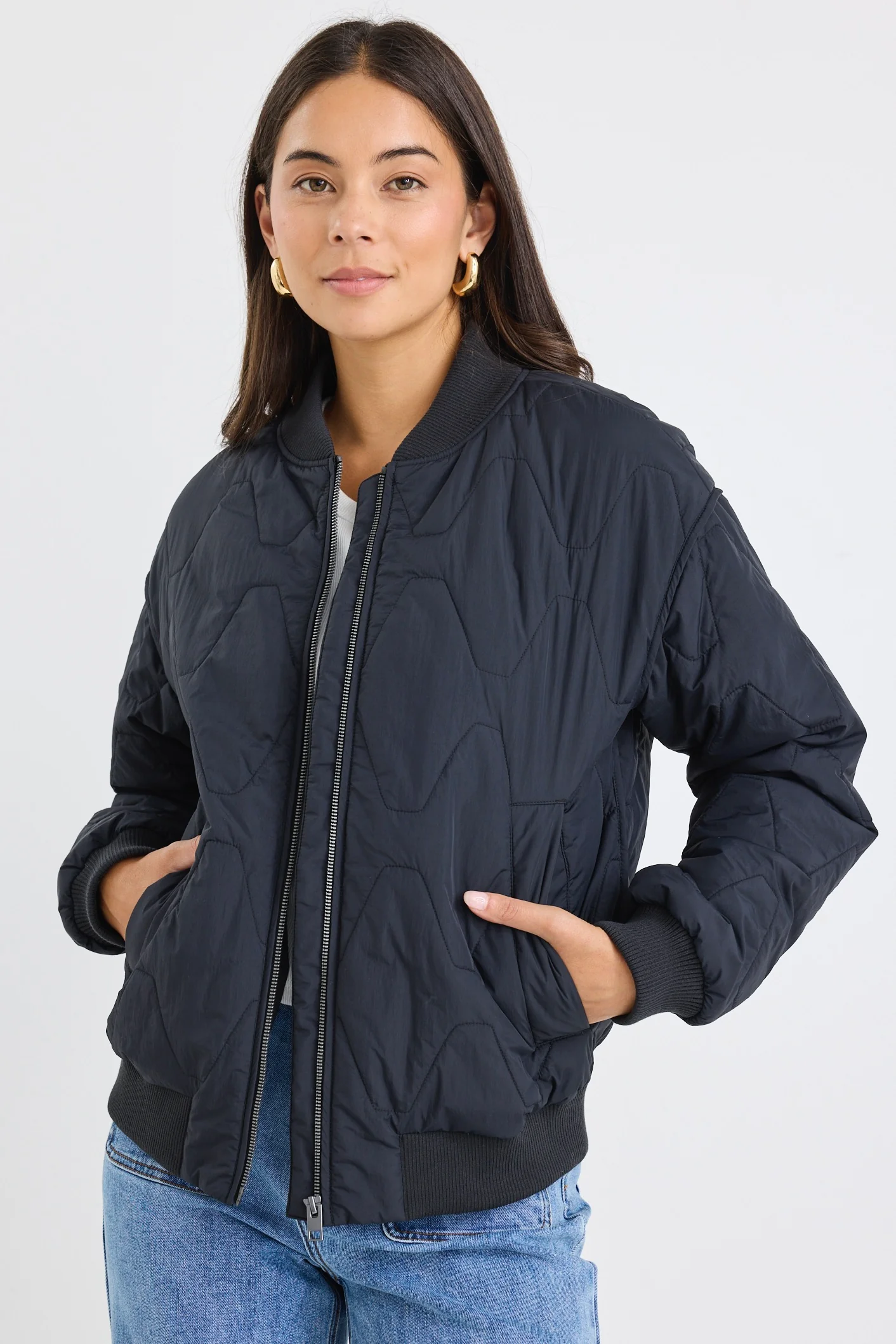 Division Black Zip Front Puffer Bomber Jacket