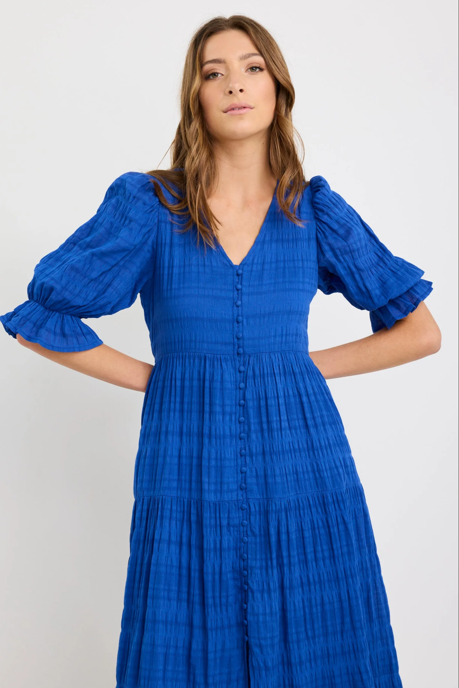 Dreamy Azure Bubble SS Button Front Tiered Maxi Dress - Image 2