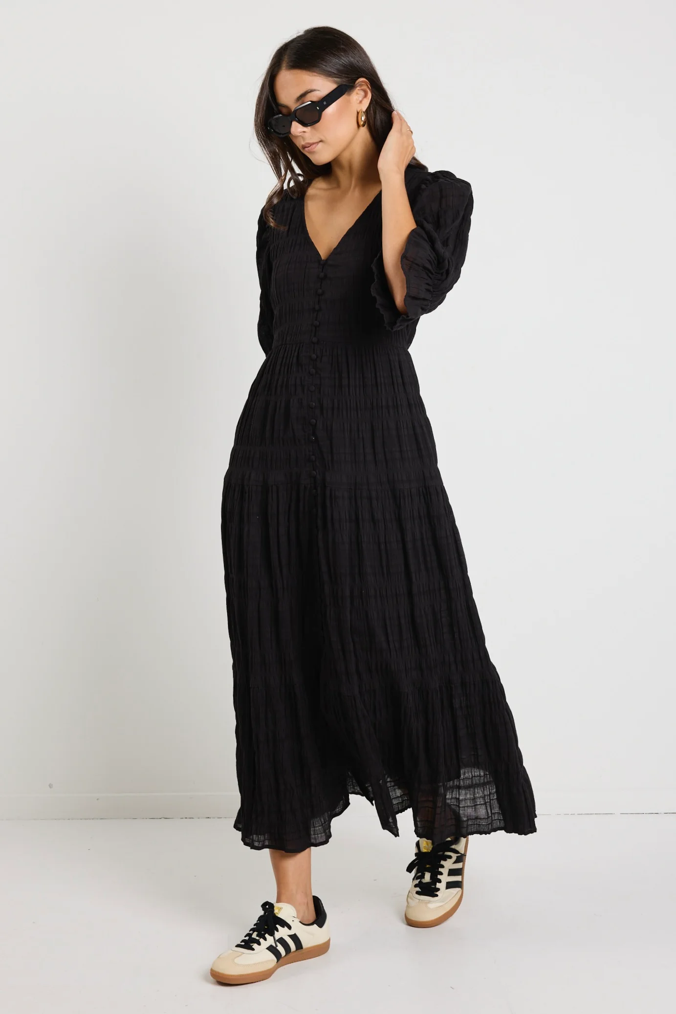 Dreamy Black Bubble SS Button Front Tiered Maxi Dress - Image 4