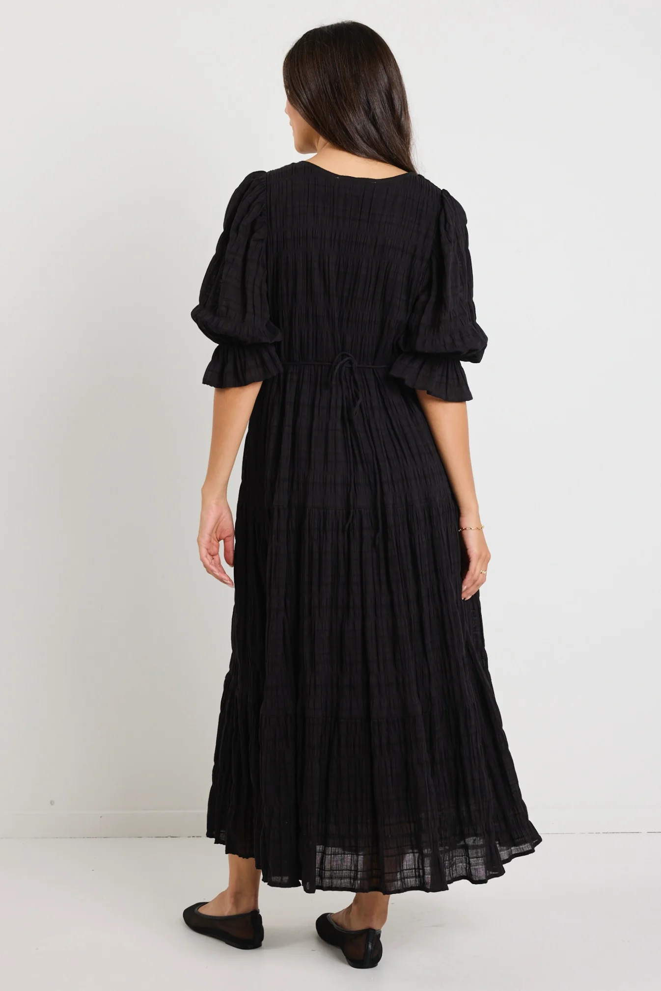 Dreamy Black Bubble SS Button Front Tiered Maxi Dress - Image 5