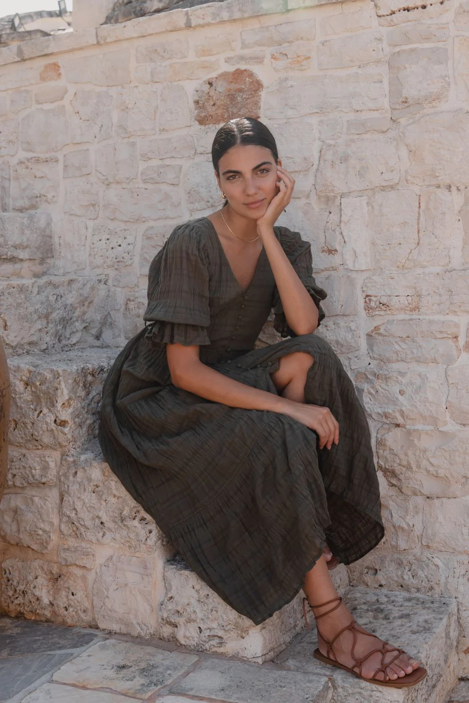 Dreamy Khaki Bubble SS Button Front Tiered Maxi Dress - Image 2