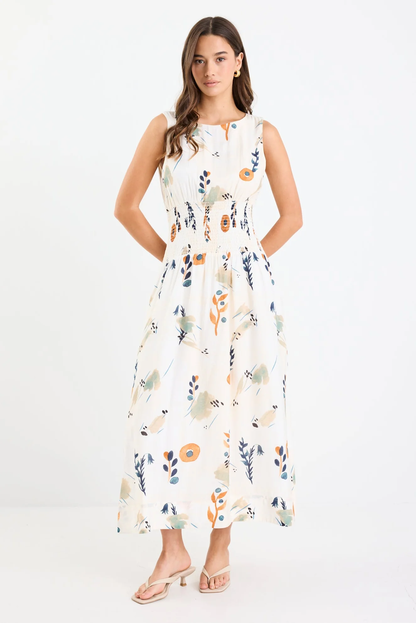 Duchess Earthy Botanical Sleeveless Shirred Waist Maxi Dress - Image 2
