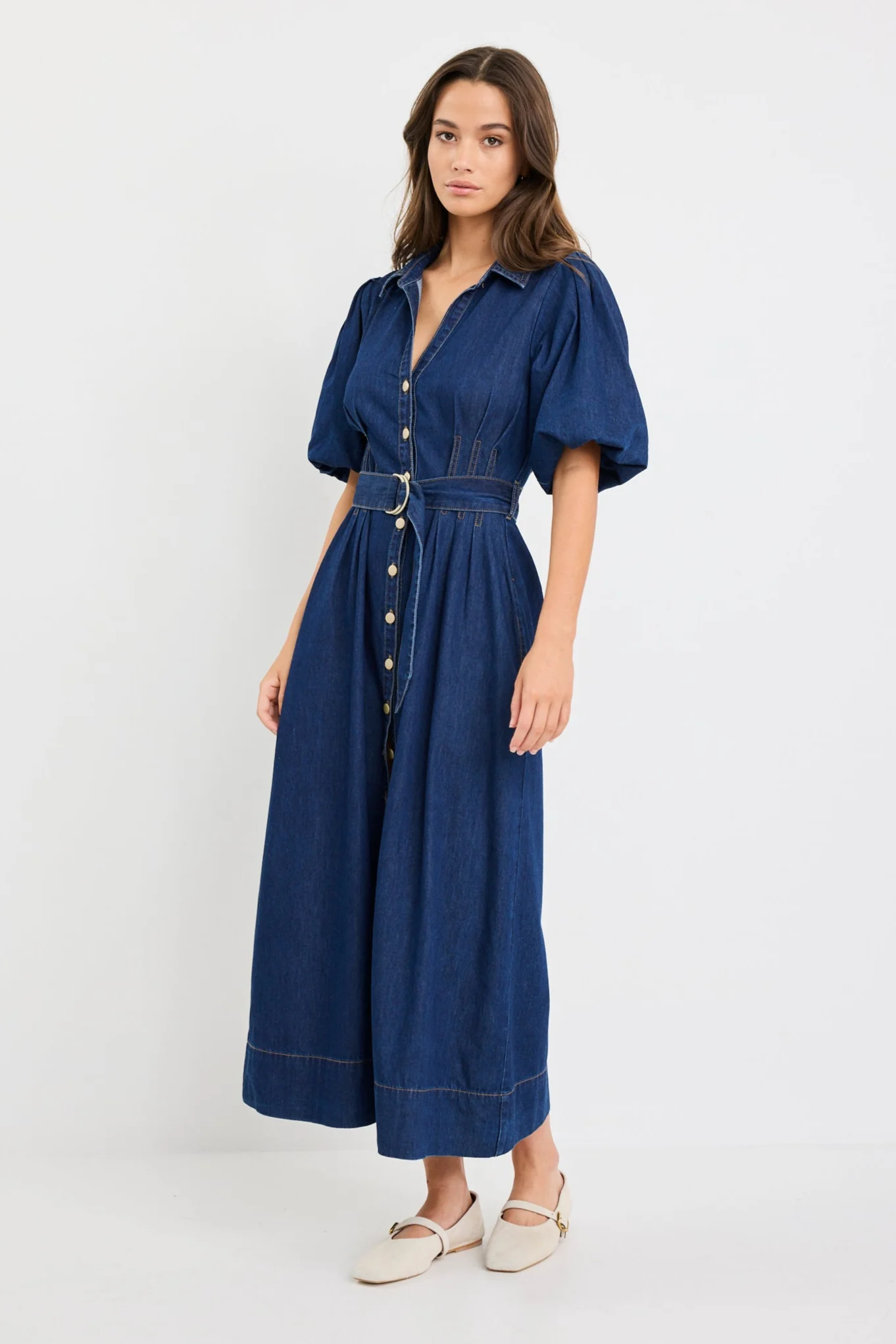 Dusk Indigo Denim Puff Sleeve Maxi Shirt Dress - Image 2