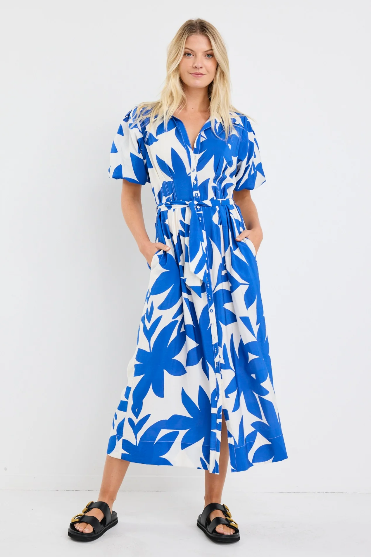 Dusk Bright Blue Abstract Puff Short Sleeve Maxi Shirt Dress - Image 2