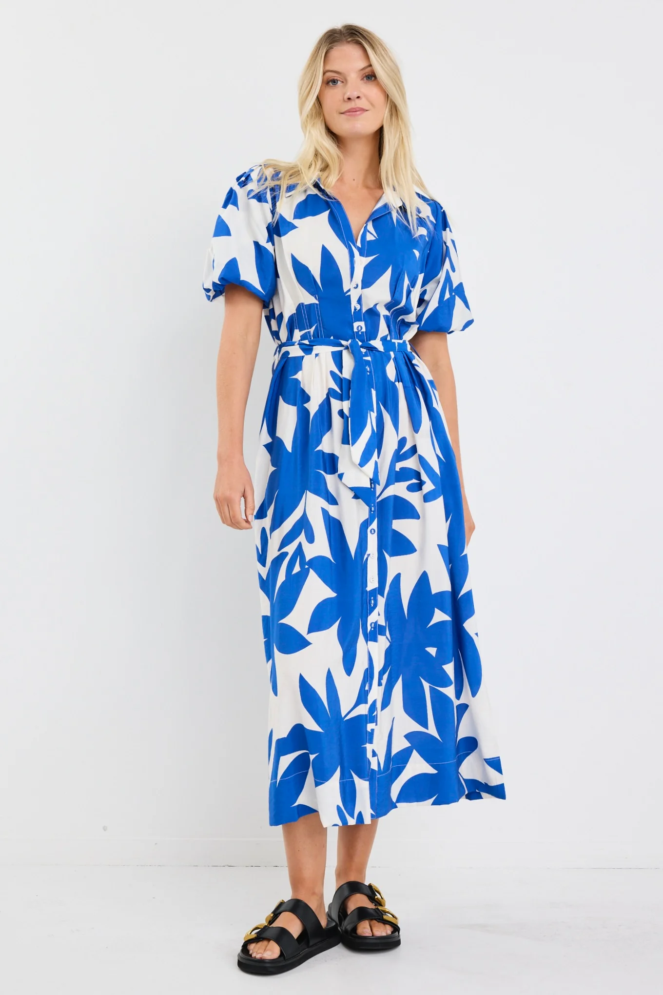 Dusk Bright Blue Abstract Puff Short Sleeve Maxi Shirt Dress - Image 3