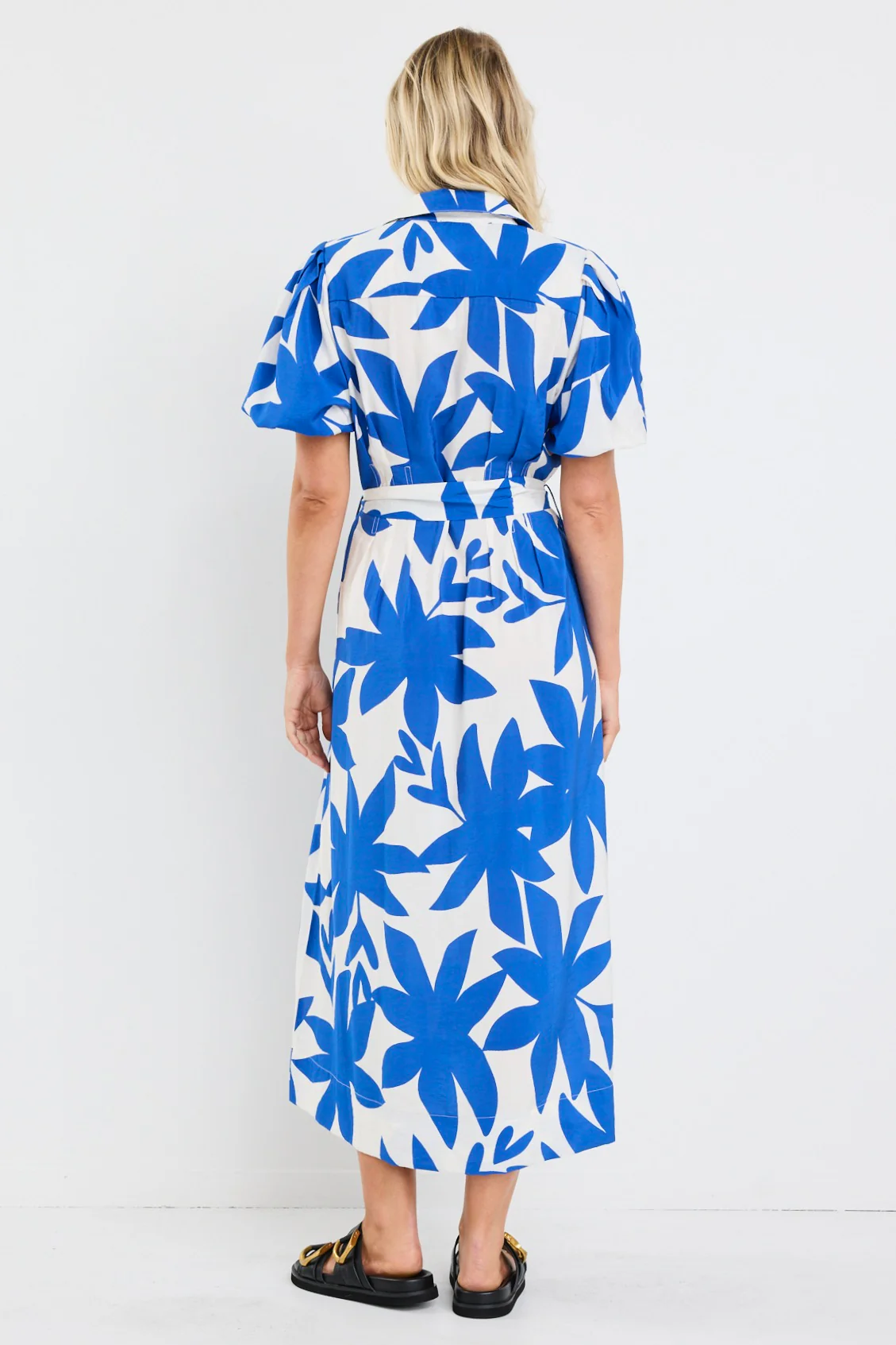 Dusk Bright Blue Abstract Puff Short Sleeve Maxi Shirt Dress - Image 4