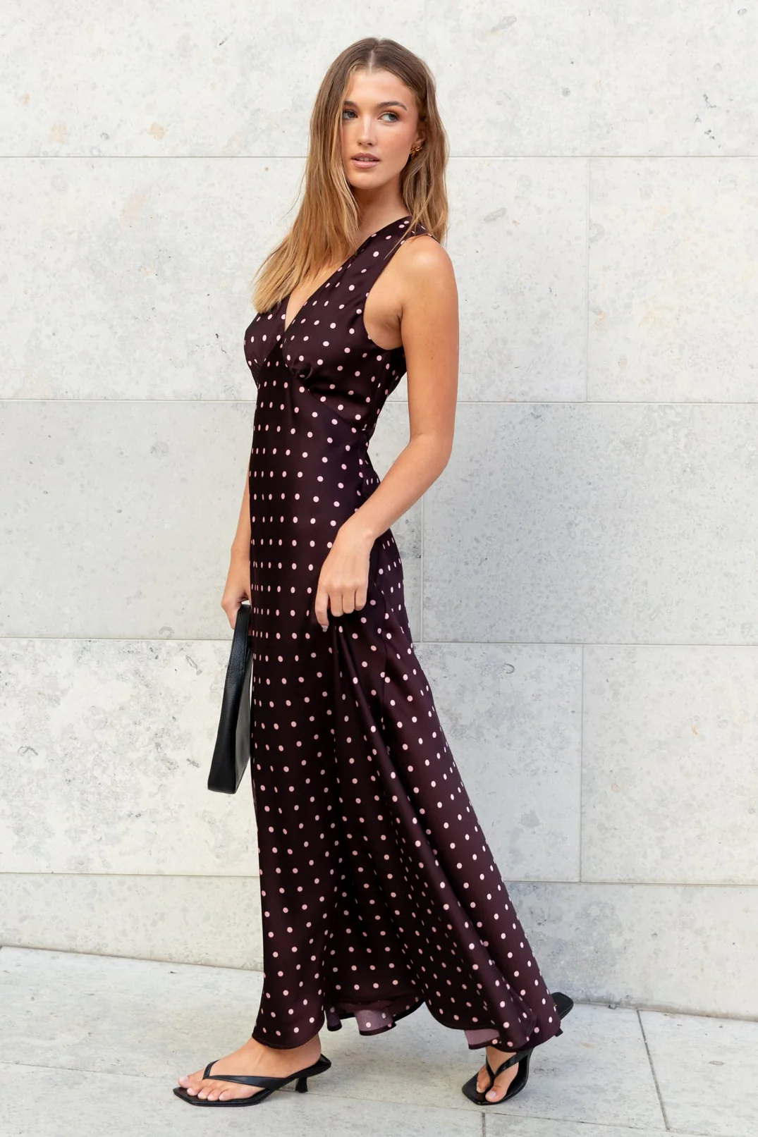 Eastern Burgundy Ditsy Polka Dot Satin Bias Flared Maxi Dress