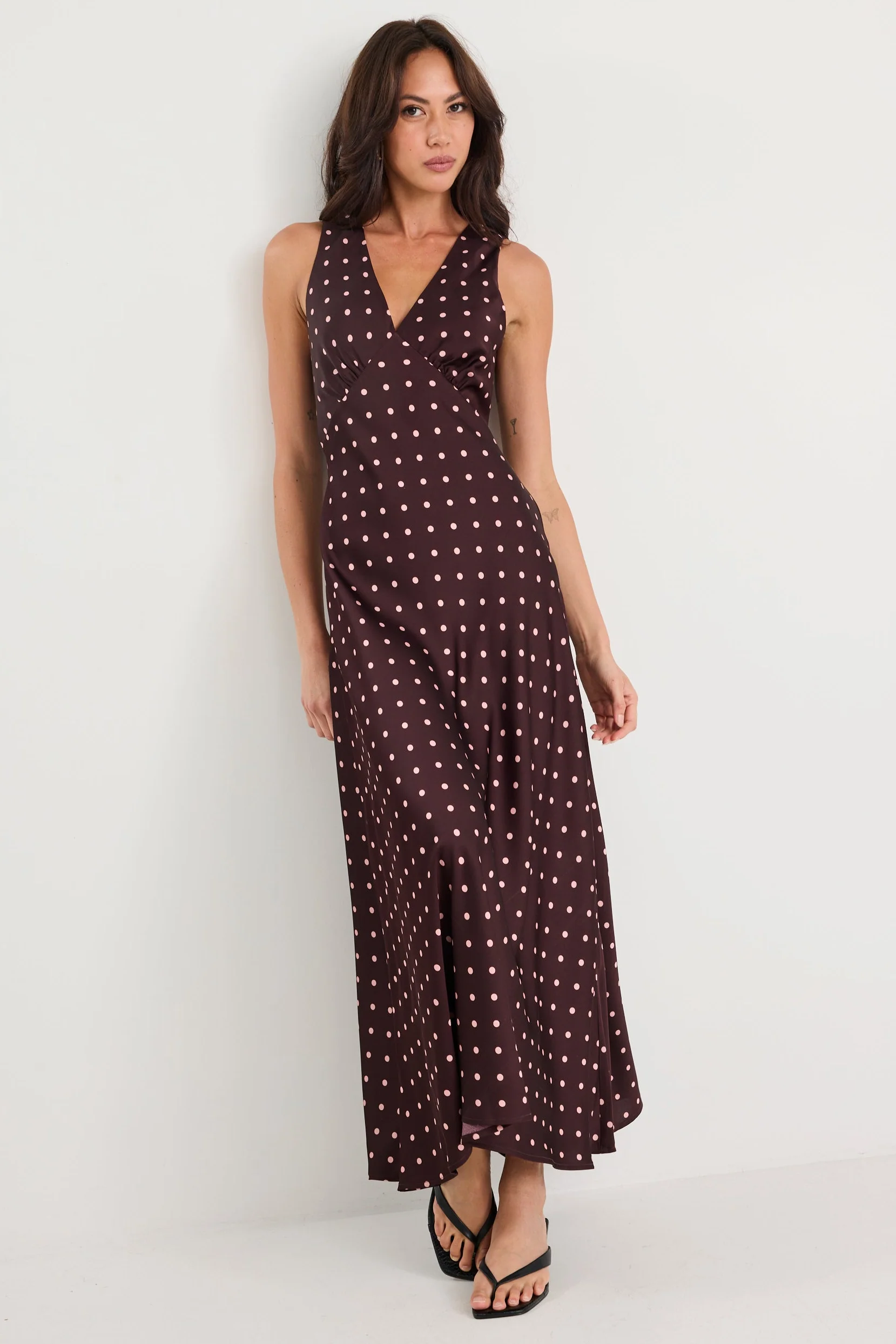 Eastern Burgundy Ditsy Polka Dot Satin Bias Flared Maxi Dress - Image 3