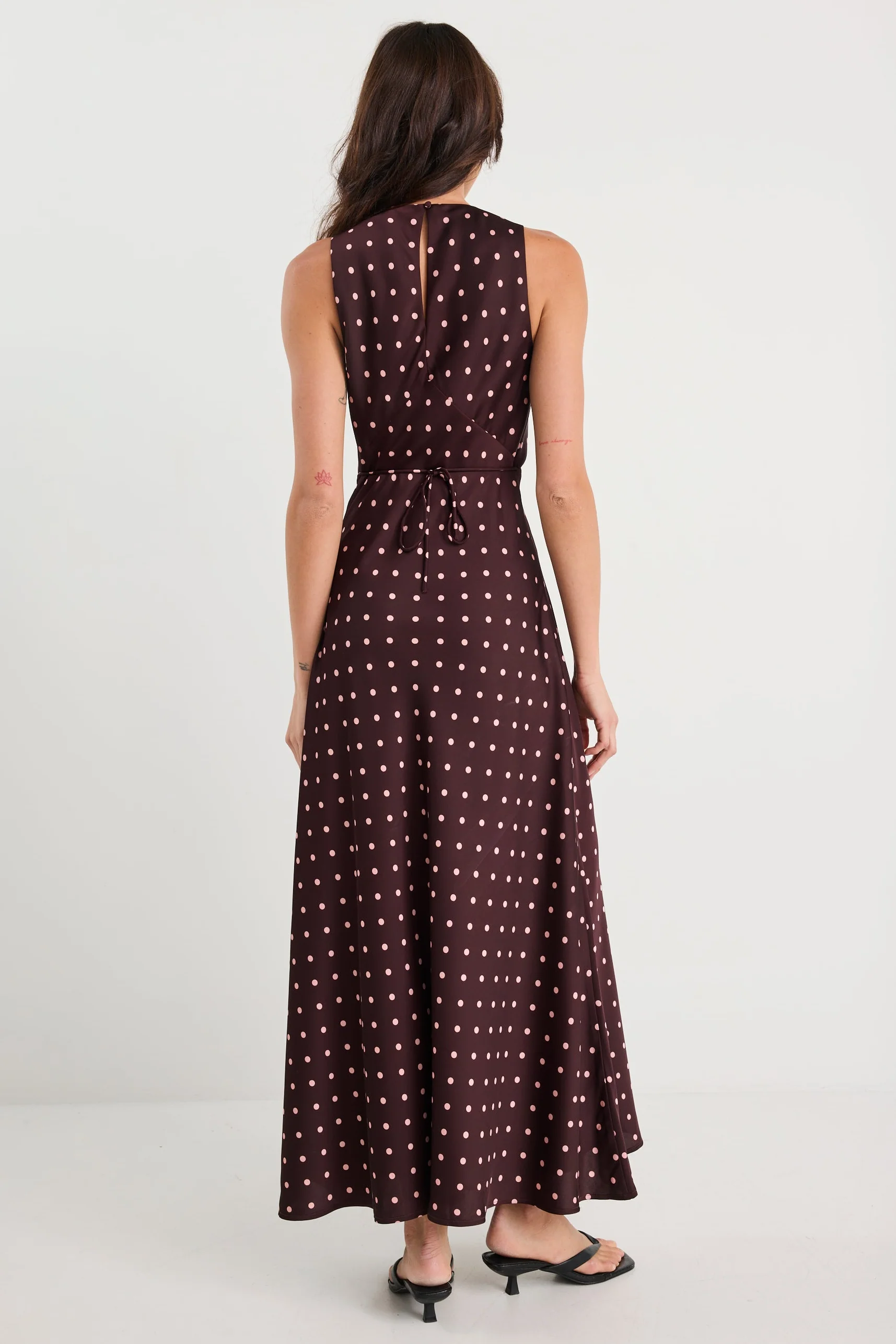 Eastern Burgundy Ditsy Polka Dot Satin Bias Flared Maxi Dress - Image 6