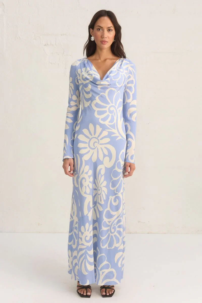 Eden Blue Floral Cowl Neck LS Maxi Dress - Image 2