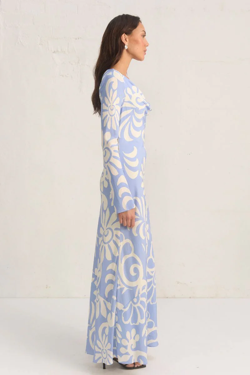 Eden Blue Floral Cowl Neck LS Maxi Dress - Image 3