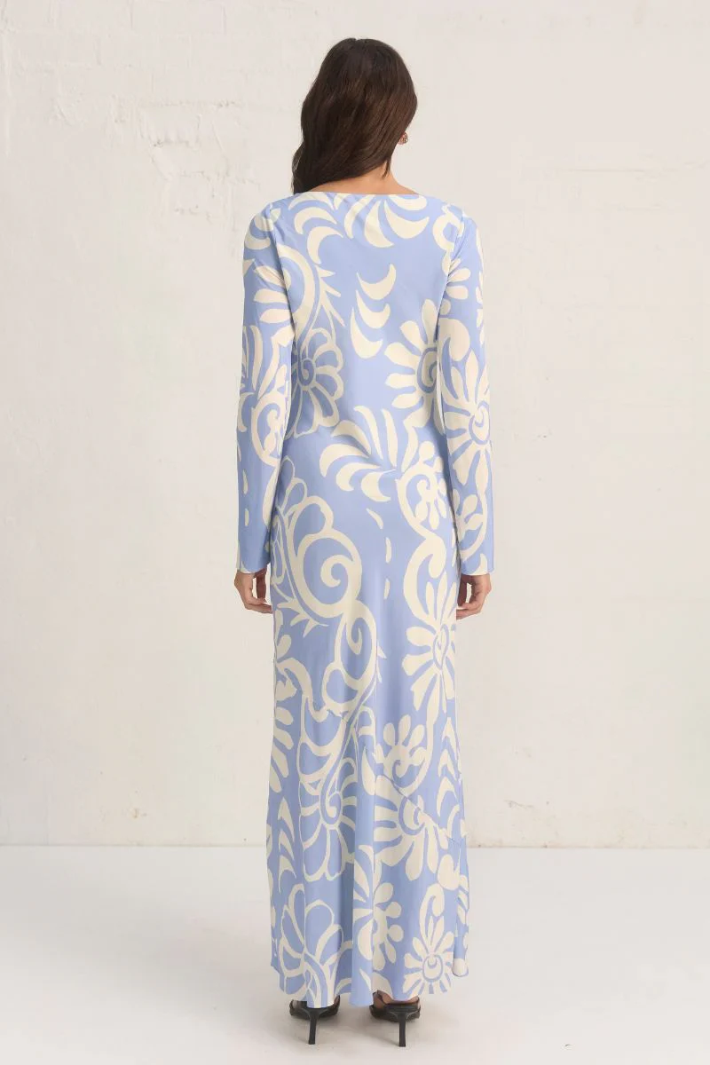 Eden Blue Floral Cowl Neck LS Maxi Dress - Image 4