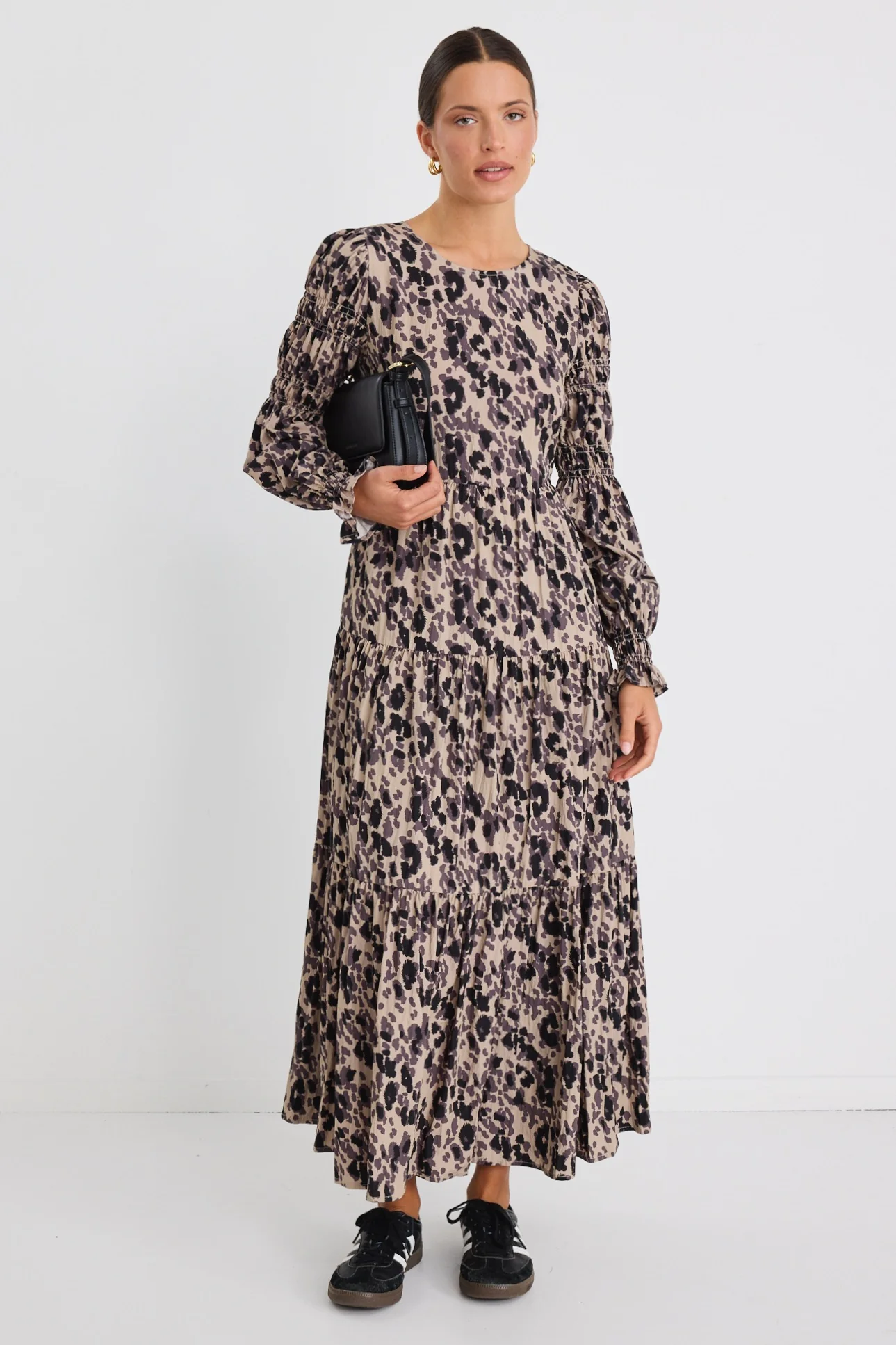 Effortless Animal LS Shirred Sleeve Tiered Maxi Dress - Image 3