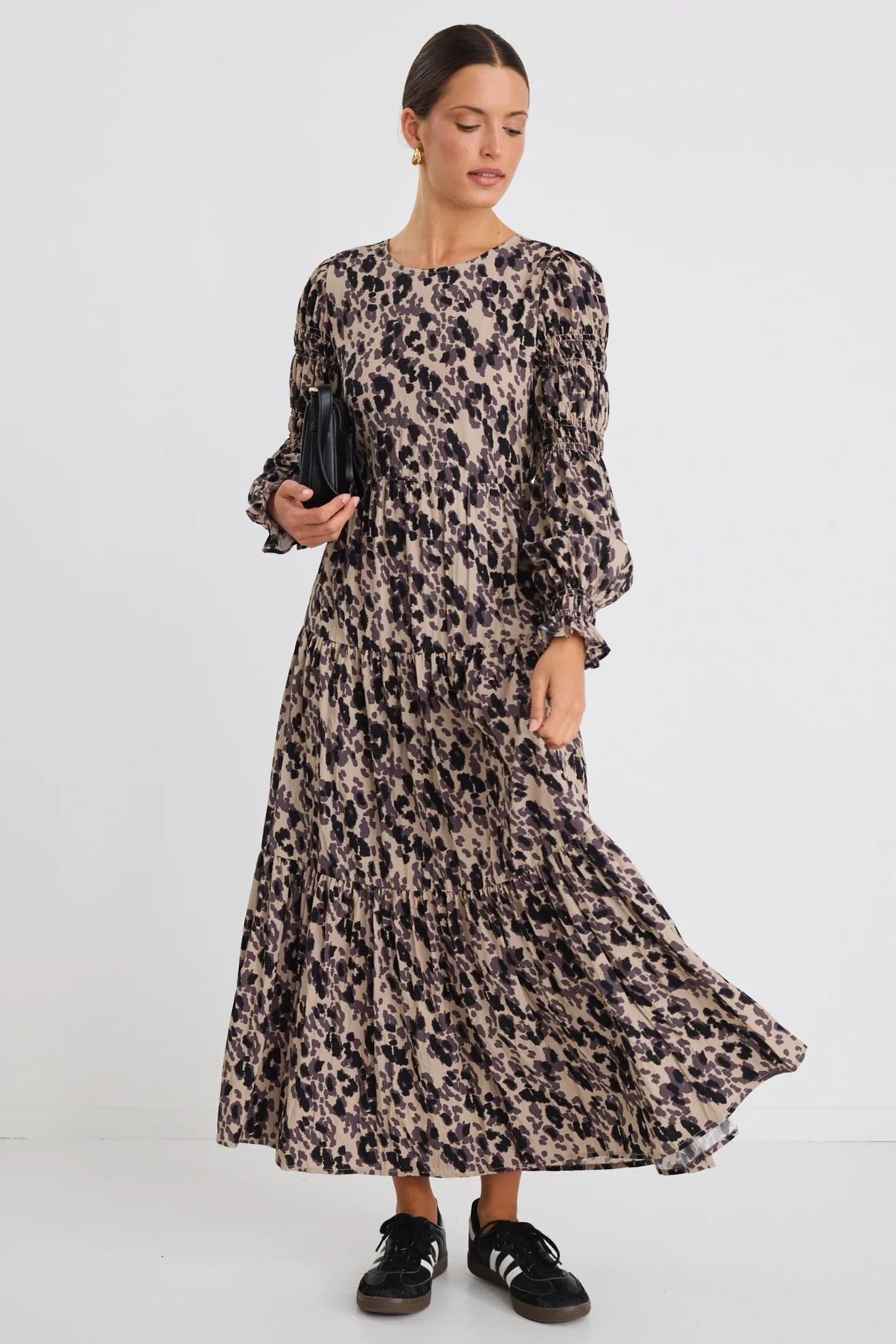 Effortless Animal LS Shirred Sleeve Tiered Maxi Dress - Image 4