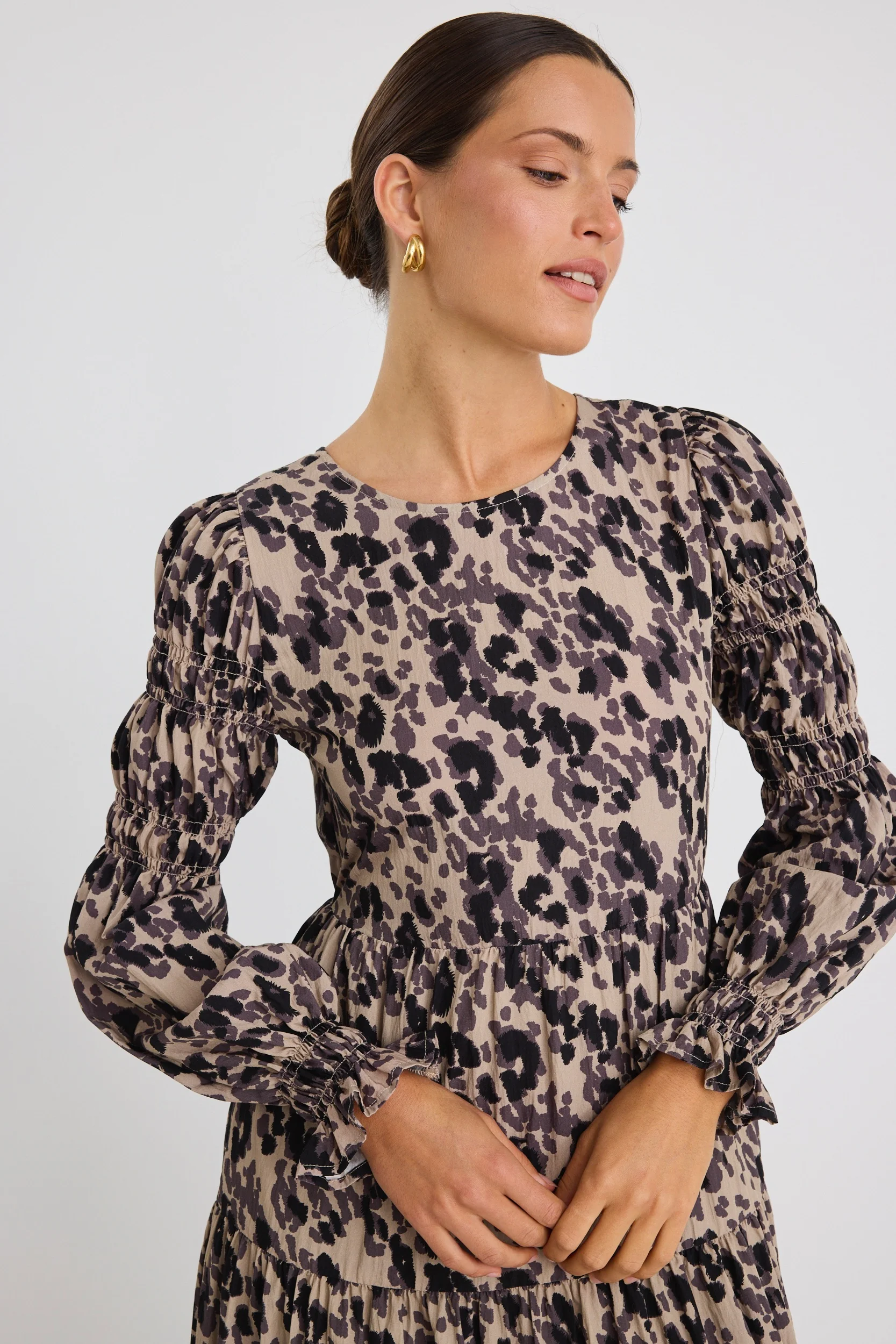 Effortless Animal LS Shirred Sleeve Tiered Maxi Dress - Image 5