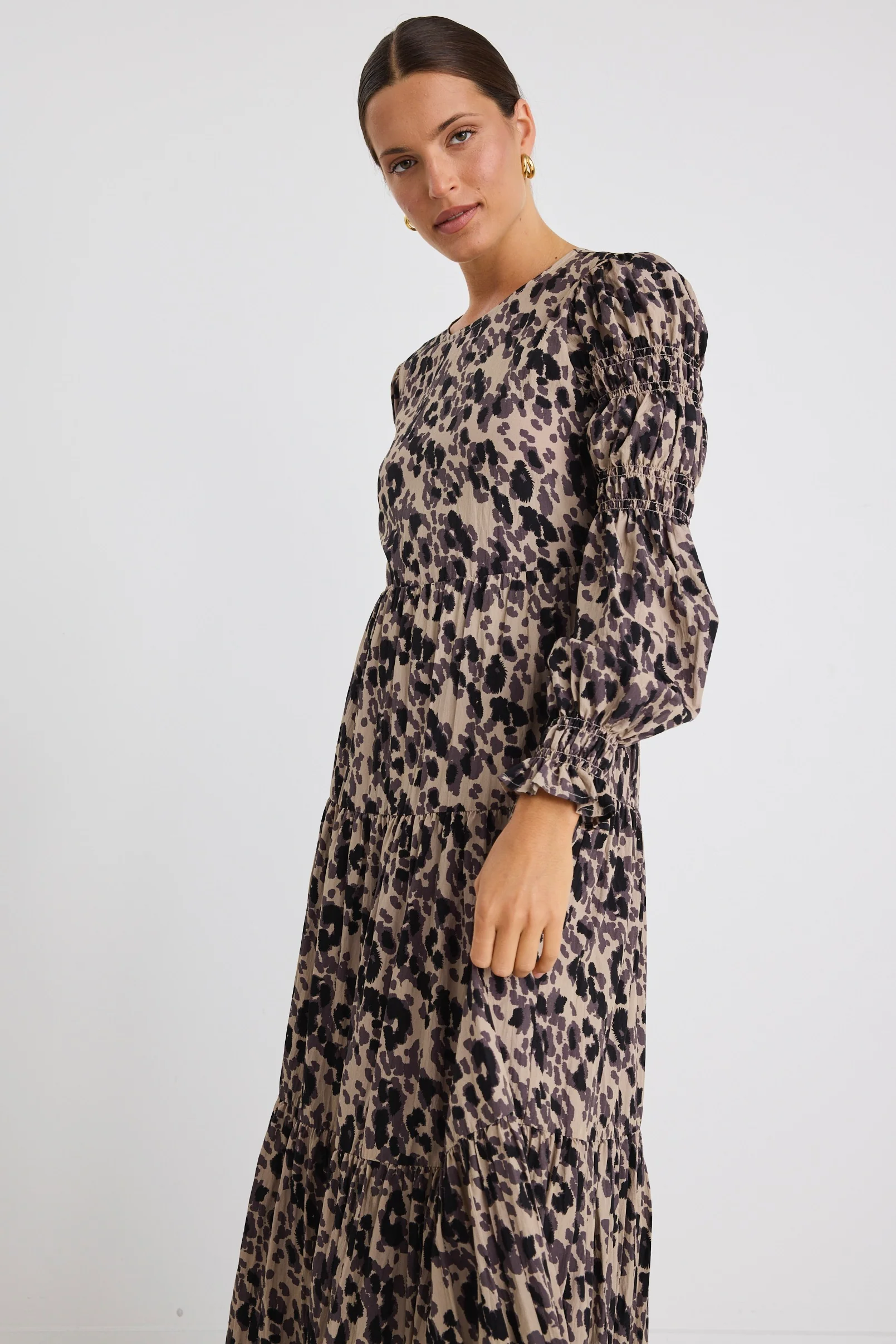 Effortless Animal LS Shirred Sleeve Tiered Maxi Dress - Image 6