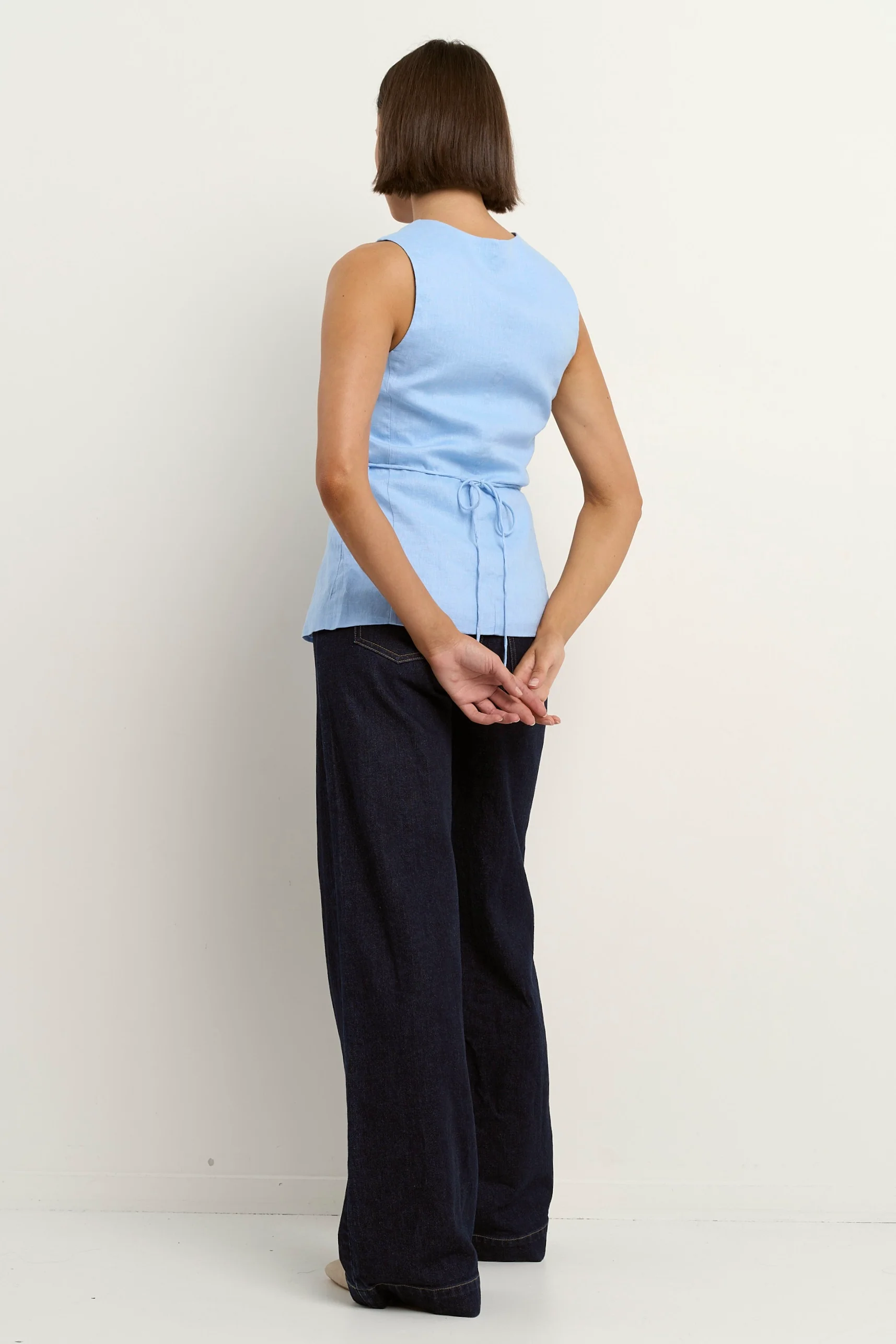 Eiffel Pale Blue Linen Fitted Longline Vest - Image 5
